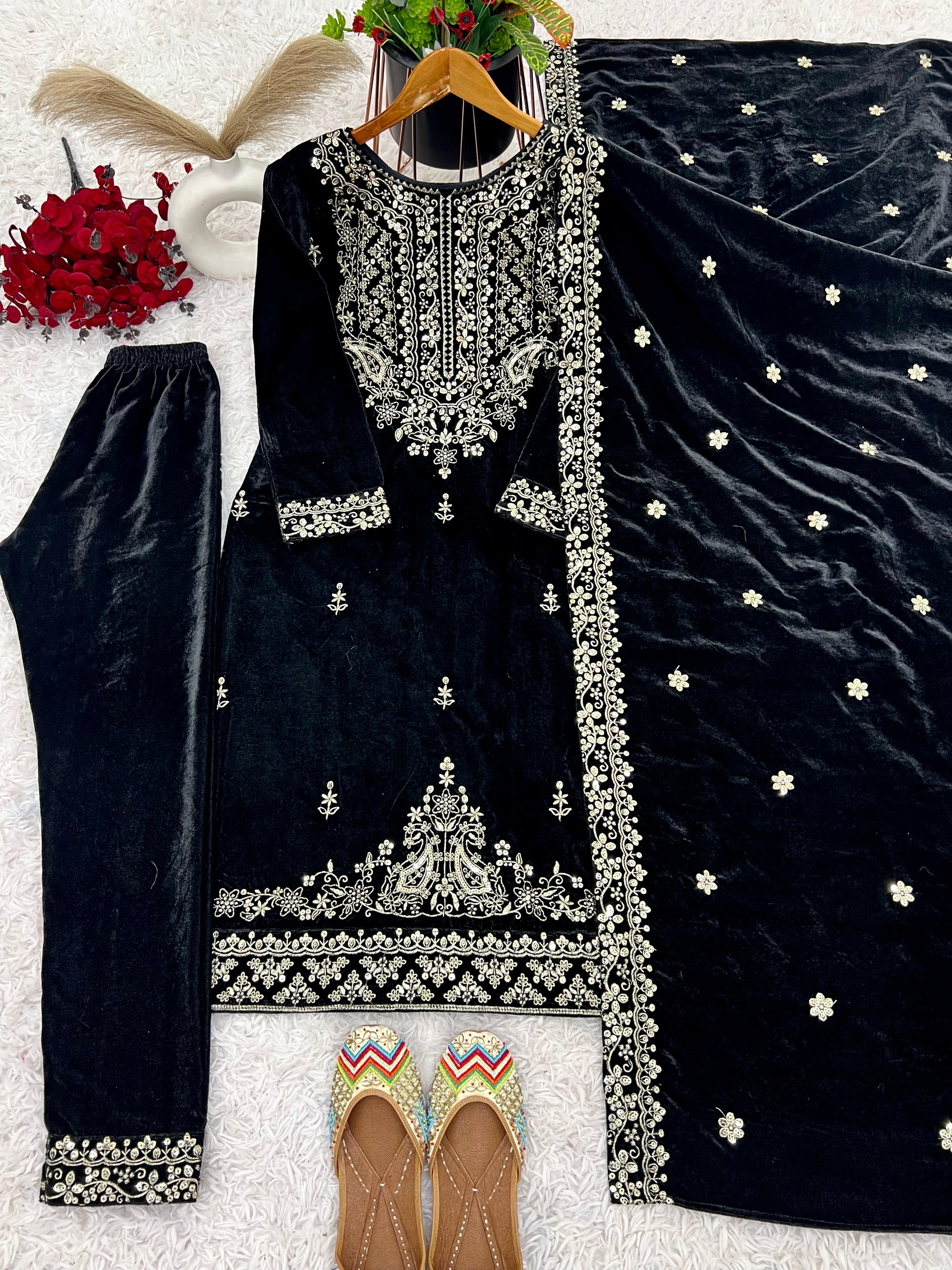 Party Wear Navy Blue Color Heavy Viscose Velvet With Heavy Embroidery Sequence Work Beautiful Velvet Suit