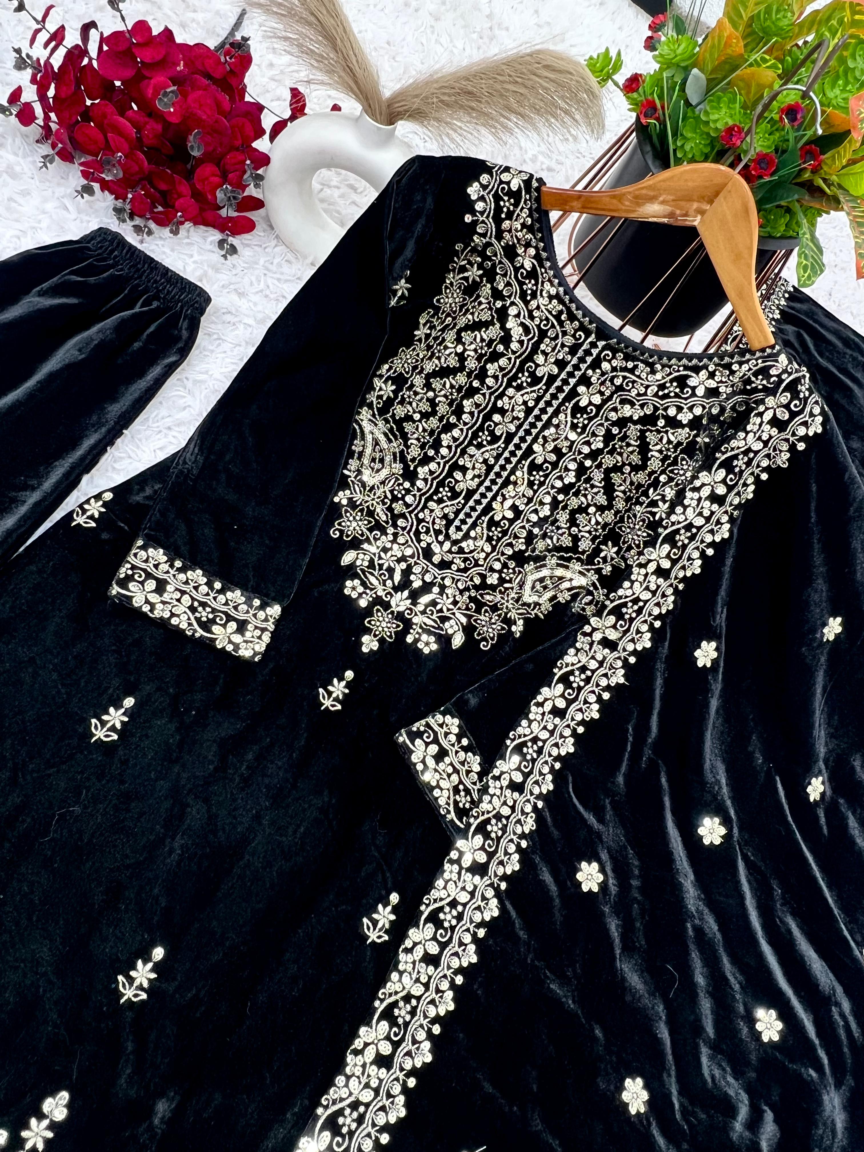 Party Wear Navy Blue Color Heavy Viscose Velvet With Heavy Embroidery Sequence Work Beautiful Velvet Suit