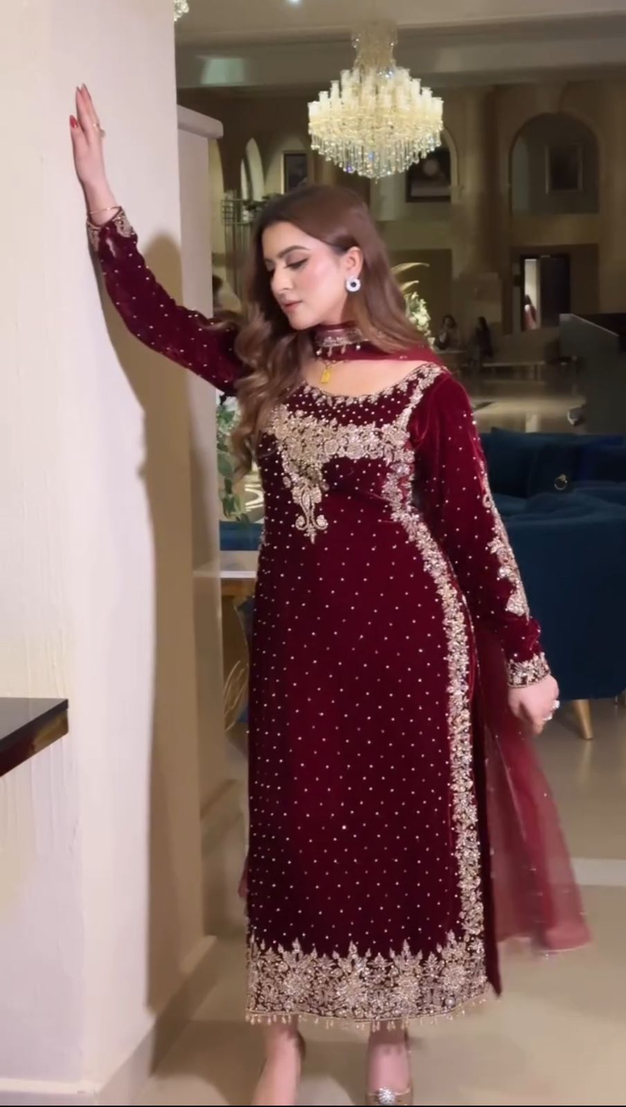 Blissful Maroon Color 9000 Velvet With Embroidery Sequence And Moti Work Salwar Suit