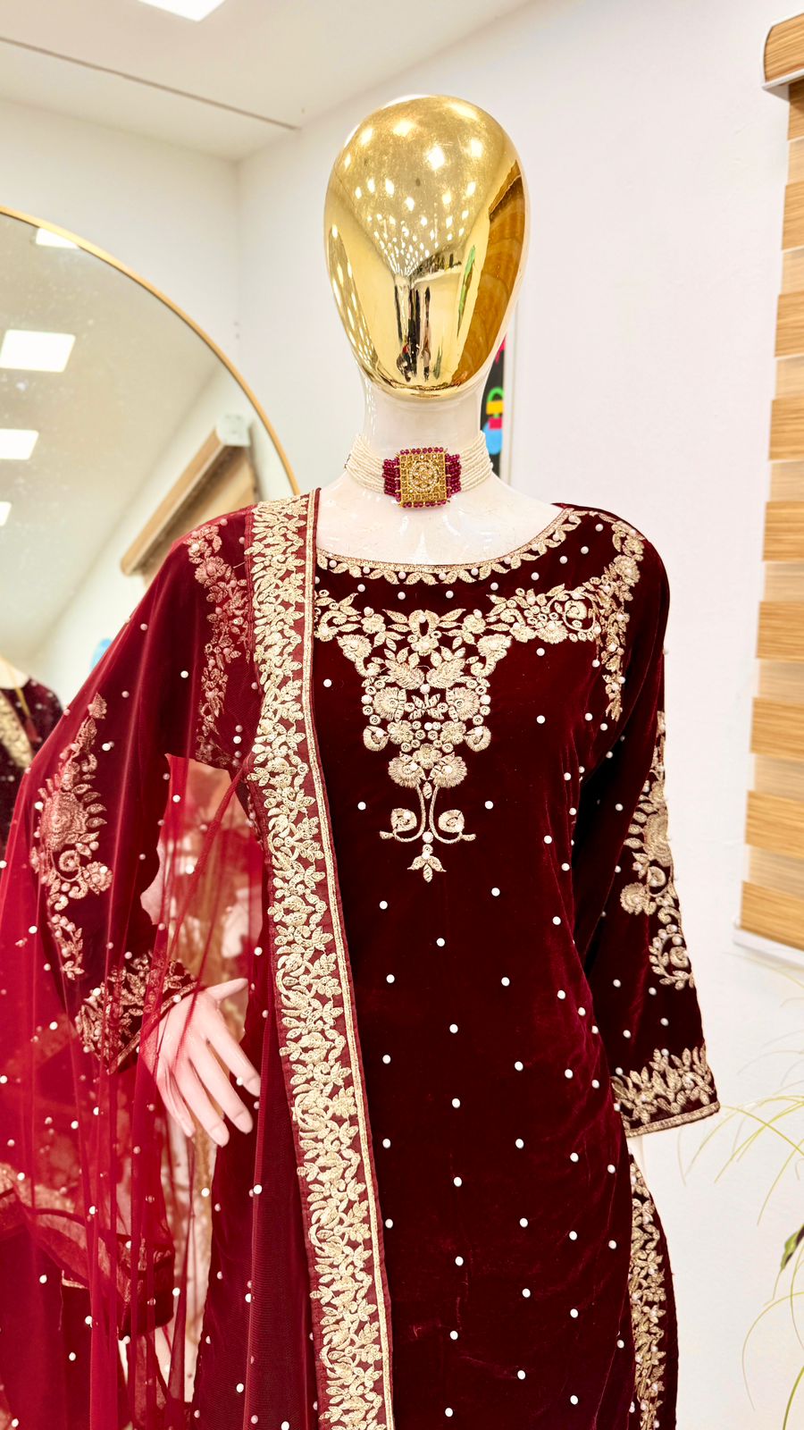 Blissful Maroon Color 9000 Velvet With Embroidery Sequence And Moti Work Salwar Suit