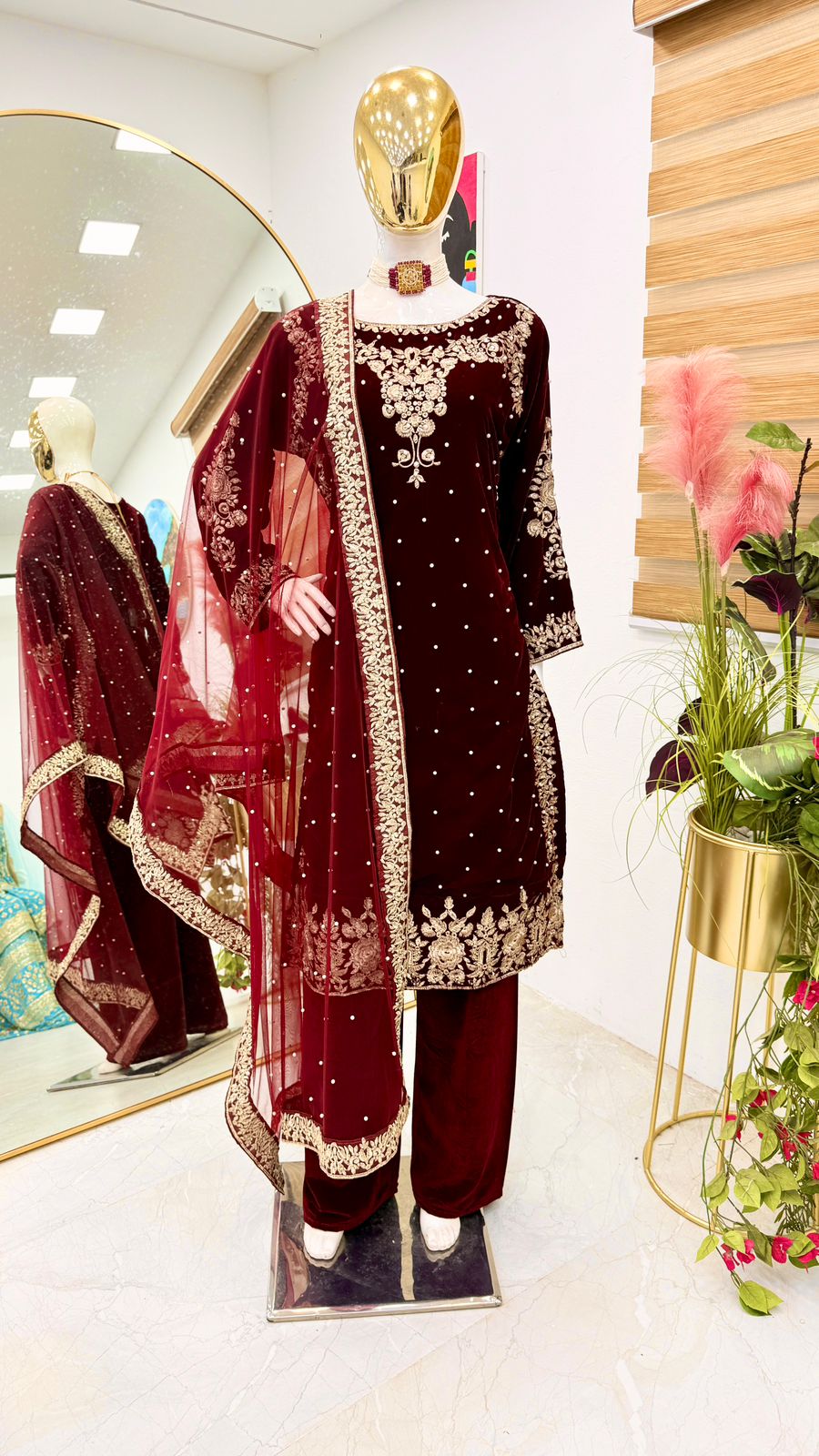 Blissful Maroon Color 9000 Velvet With Embroidery Sequence And Moti Work Salwar Suit