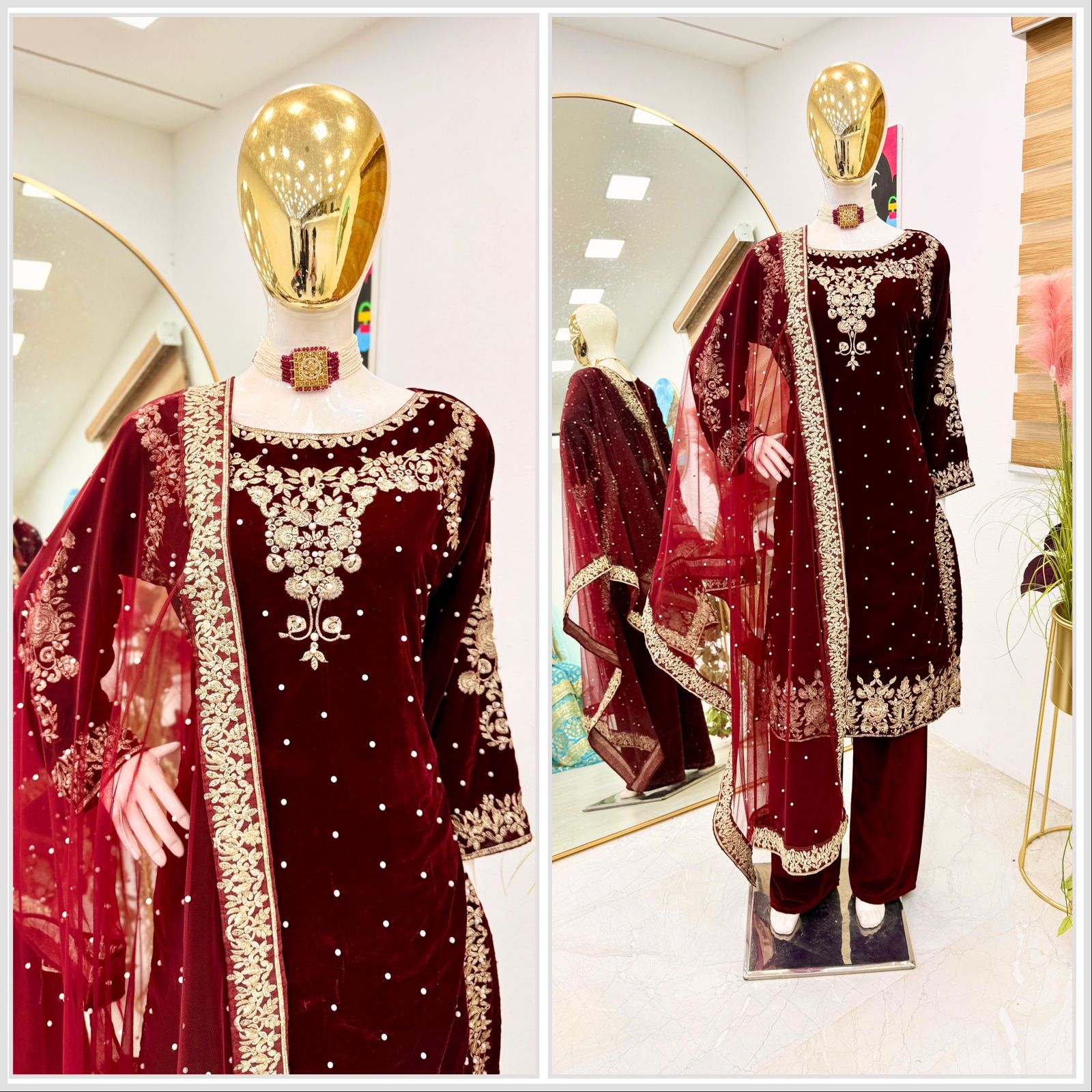 Blissful Maroon Color 9000 Velvet With Embroidery Sequence And Moti Work Salwar Suit