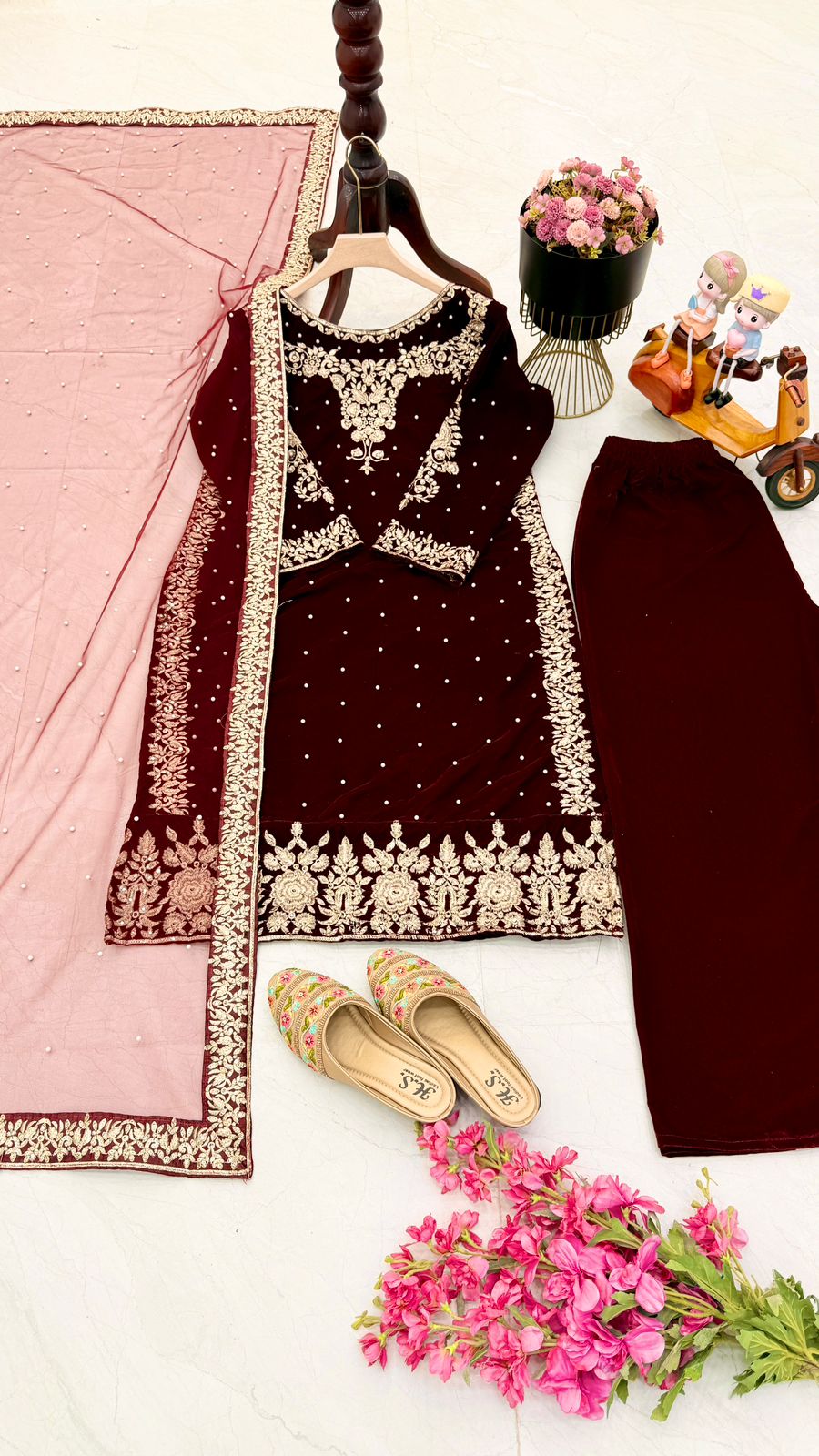 Blissful Maroon Color 9000 Velvet With Embroidery Sequence And Moti Work Salwar Suit