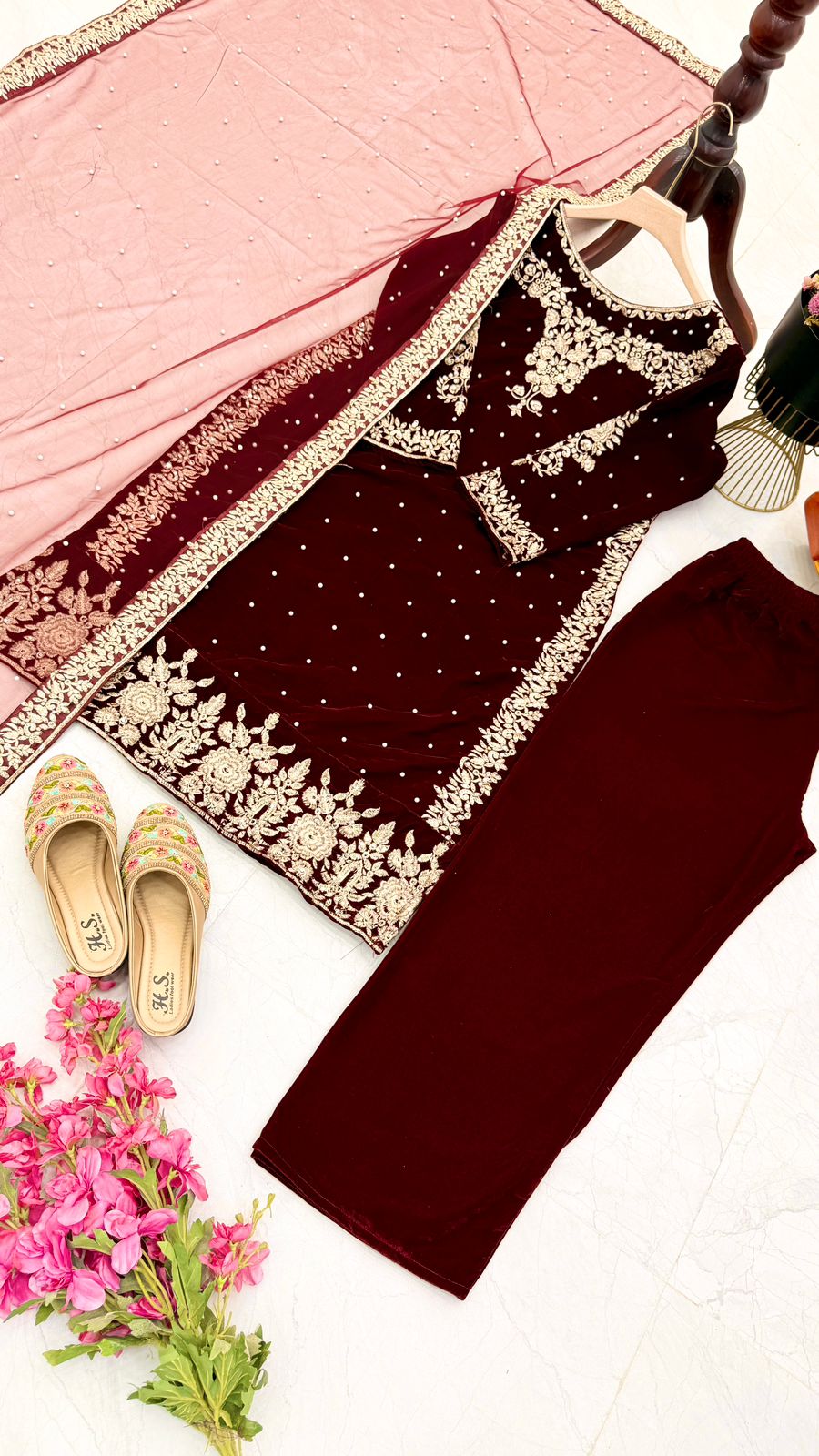 Blissful Maroon Color 9000 Velvet With Embroidery Sequence And Moti Work Salwar Suit