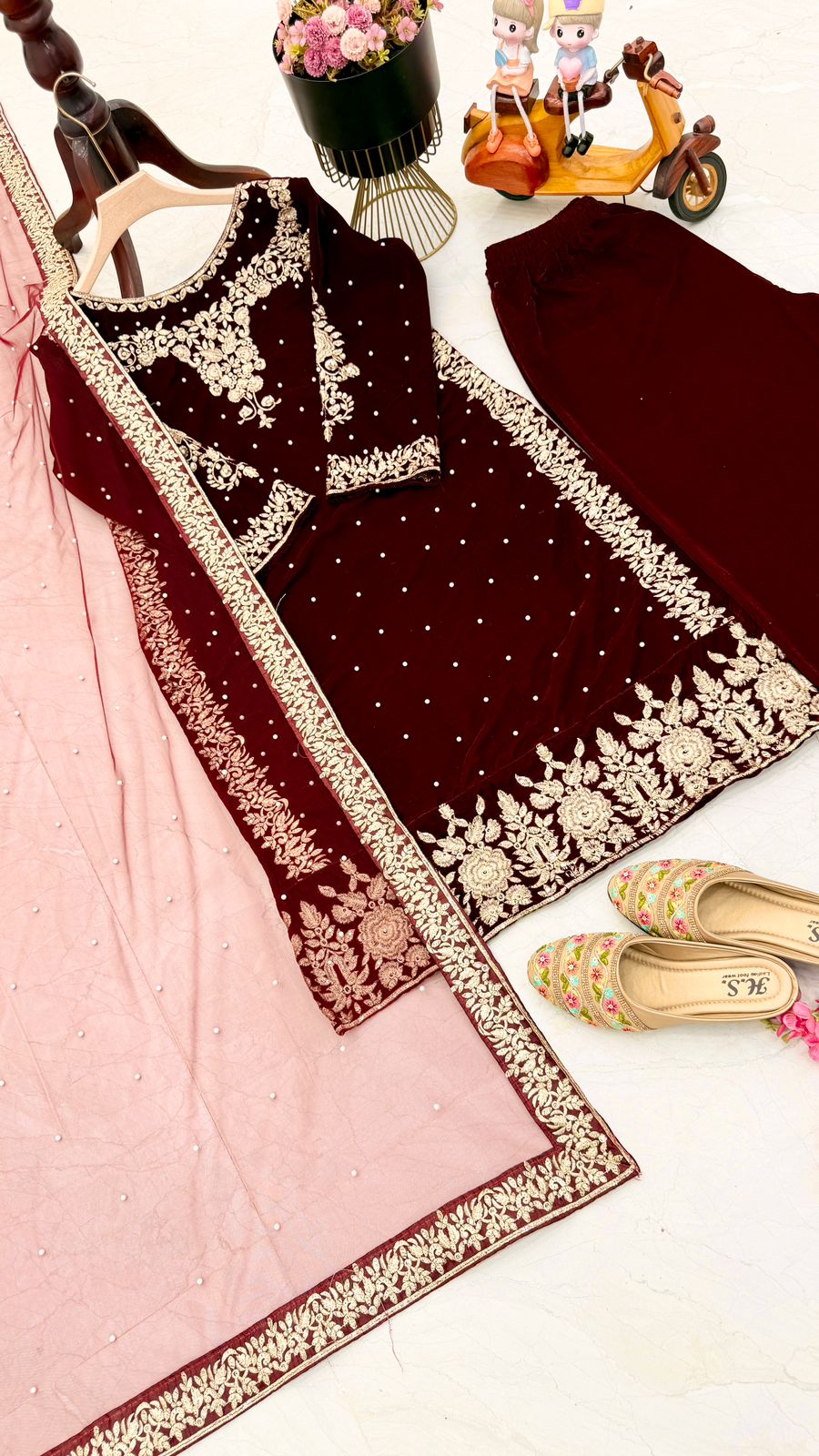 Blissful Maroon Color 9000 Velvet With Embroidery Sequence And Moti Work Salwar Suit