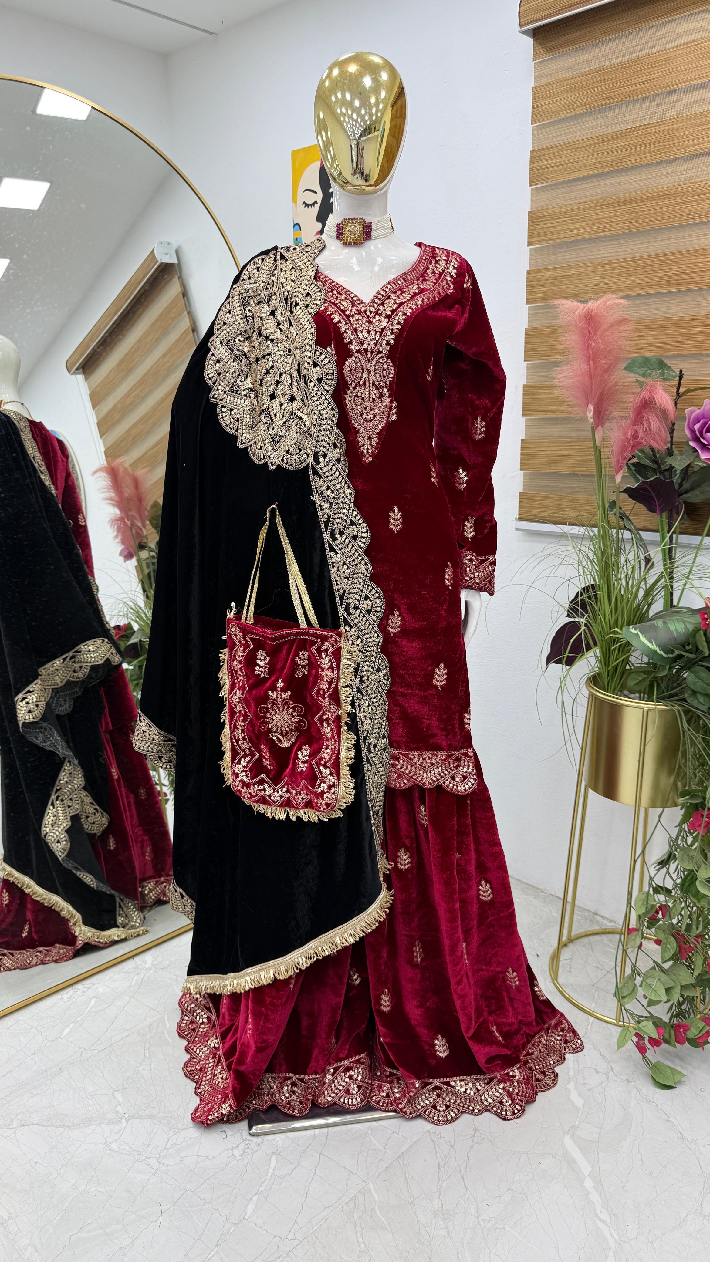 Wedding Wear Maroon Color Velvet With Embroidery Codding sequence Work Designer Sharara Suit