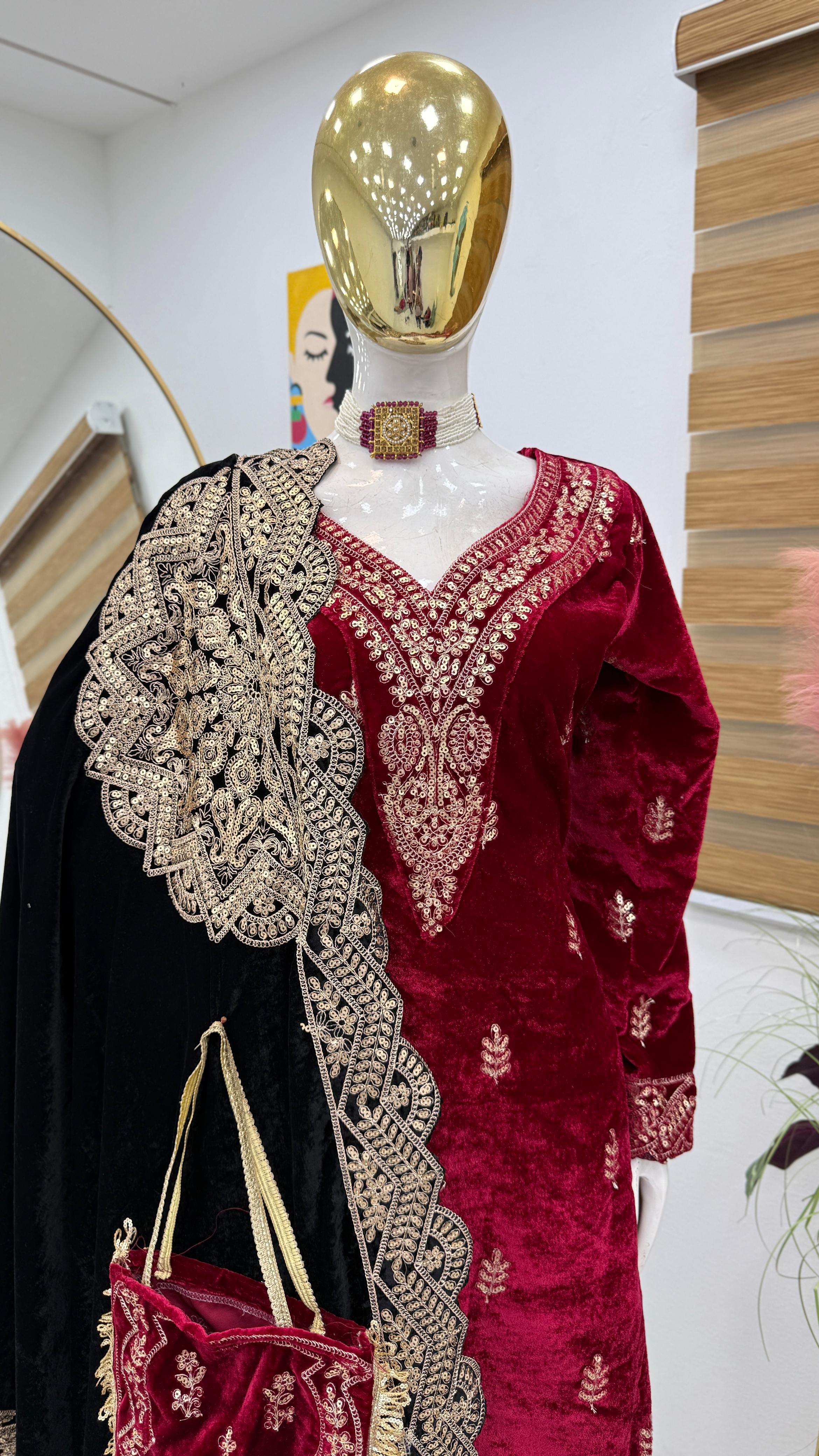 Wedding Wear Maroon Color Velvet With Embroidery Codding sequence Work Designer Sharara Suit