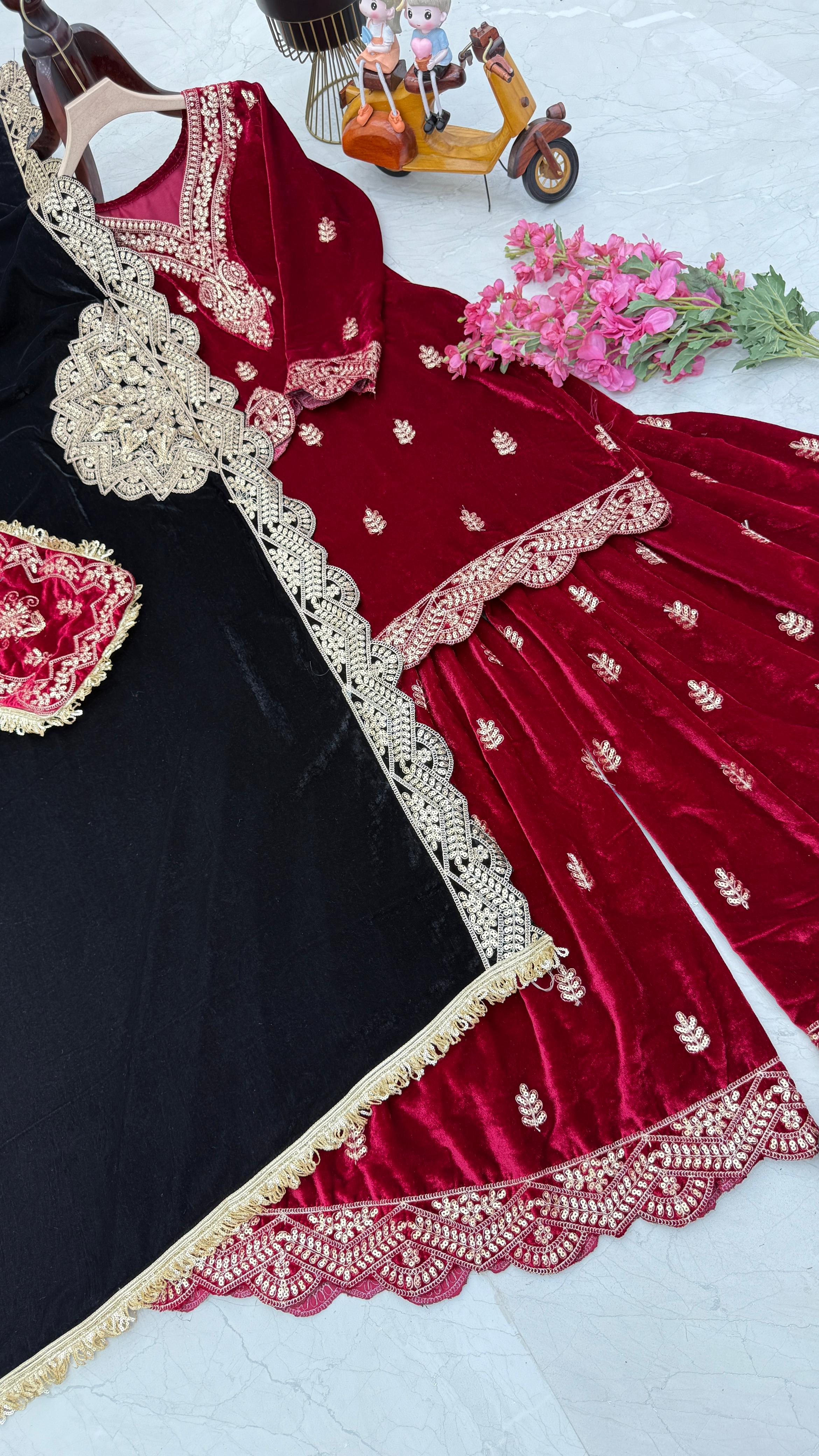 Wedding Wear Maroon Color Velvet With Embroidery Codding sequence Work Designer Sharara Suit