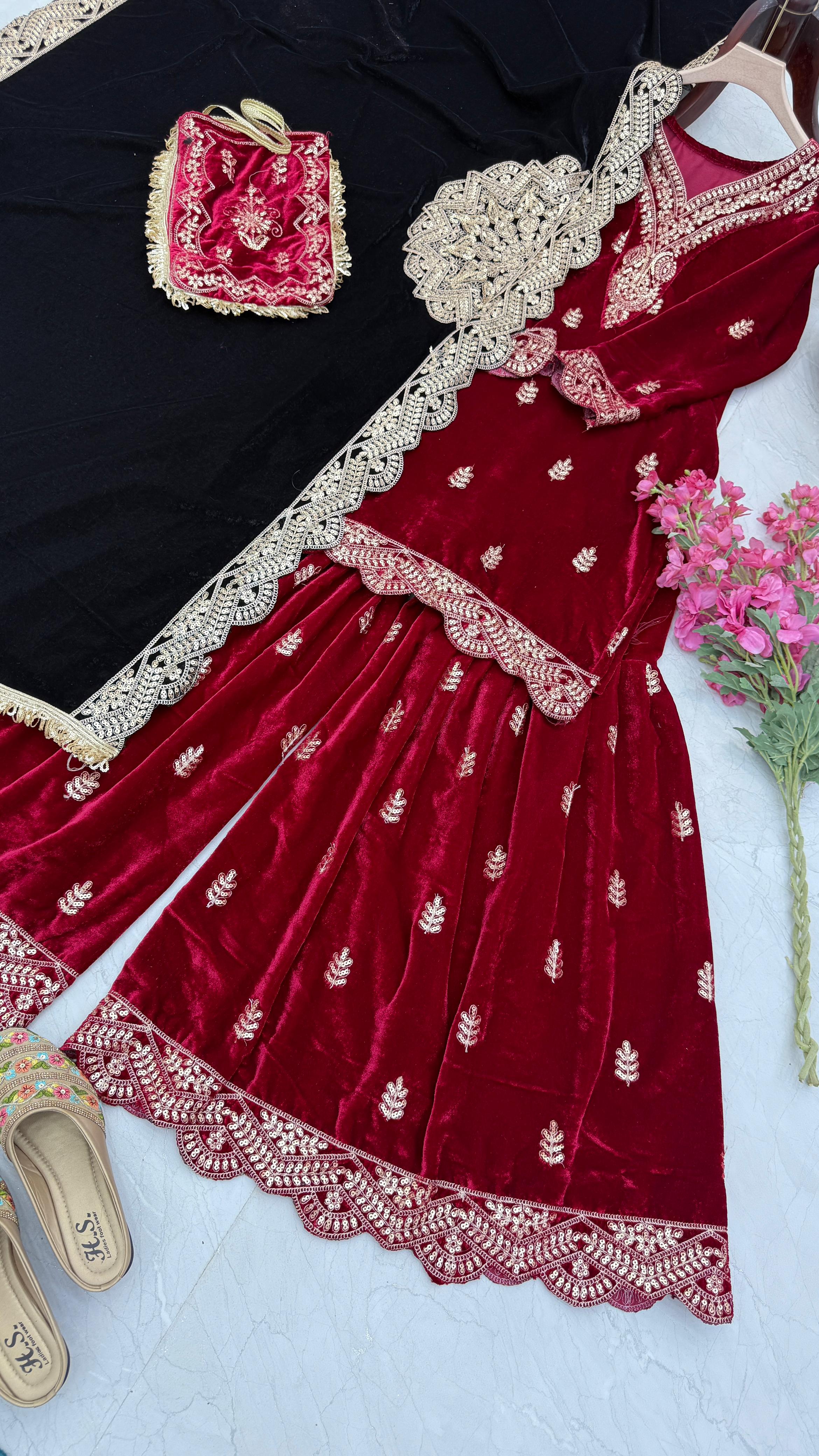 Wedding Wear Maroon Color Velvet With Embroidery Codding sequence Work Designer Sharara Suit