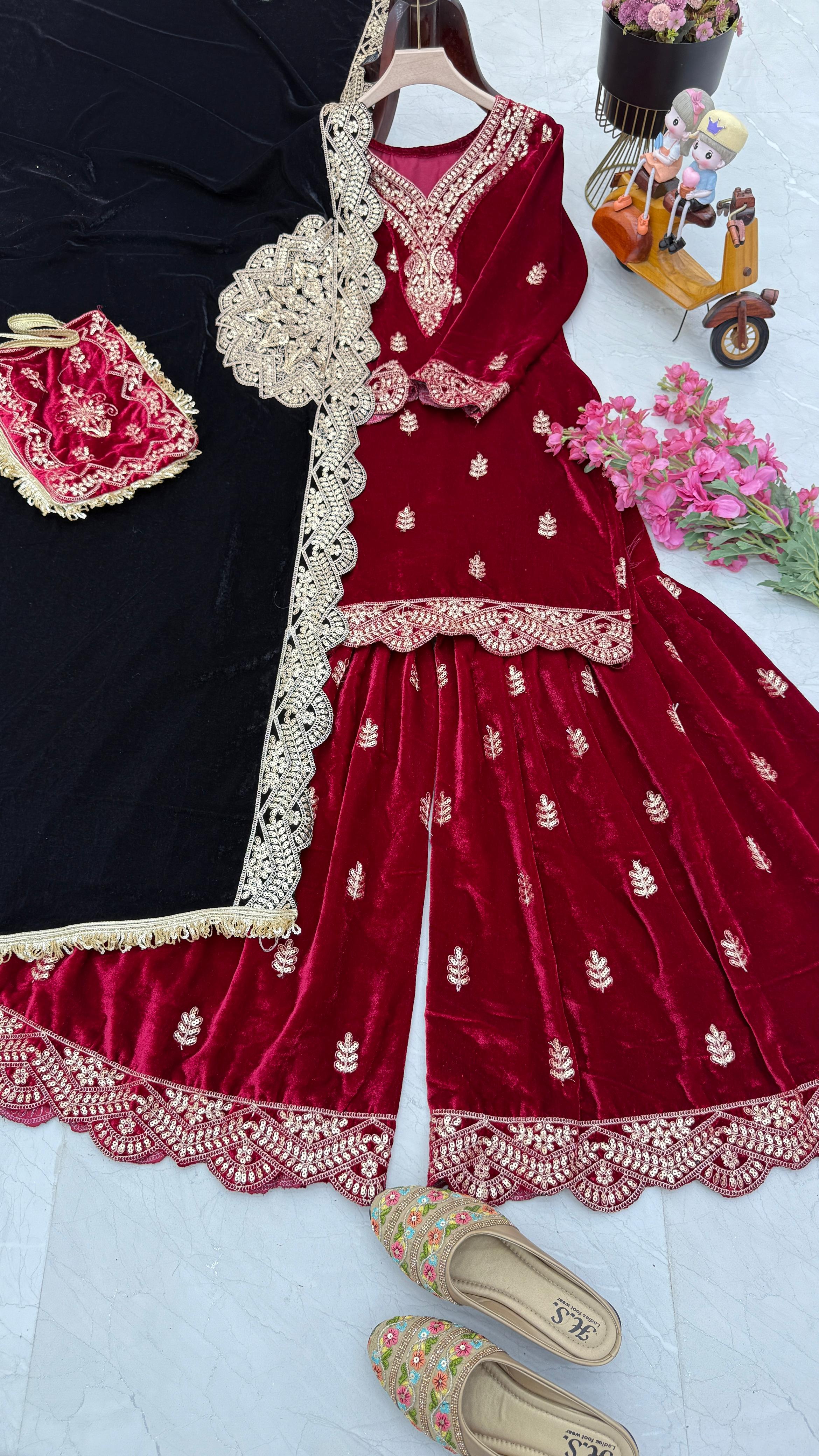 Wedding Wear Maroon Color Velvet With Embroidery Codding sequence Work Designer Sharara Suit