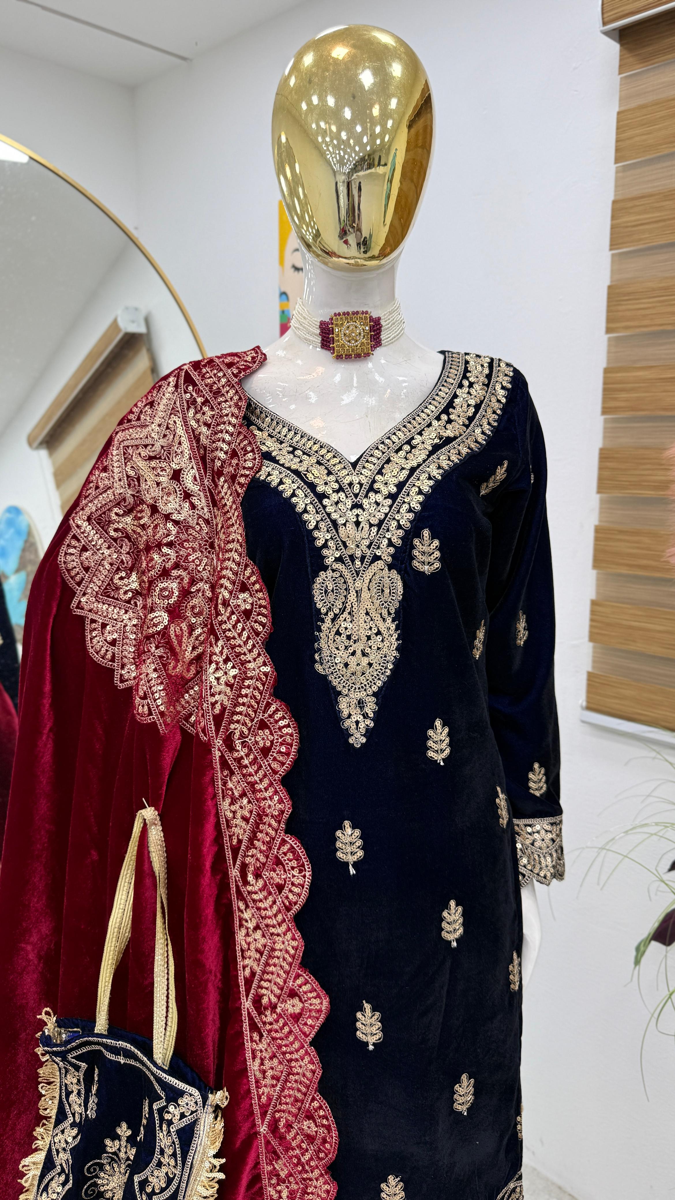 Wedding Wear Navy Blue Color Velvet With Embroidery Codding sequence Work Designer Sharara Suit