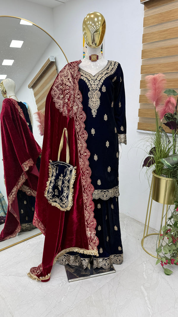 Wedding Wear Navy Blue Color Velvet With Embroidery Codding sequence Work Designer Sharara Suit