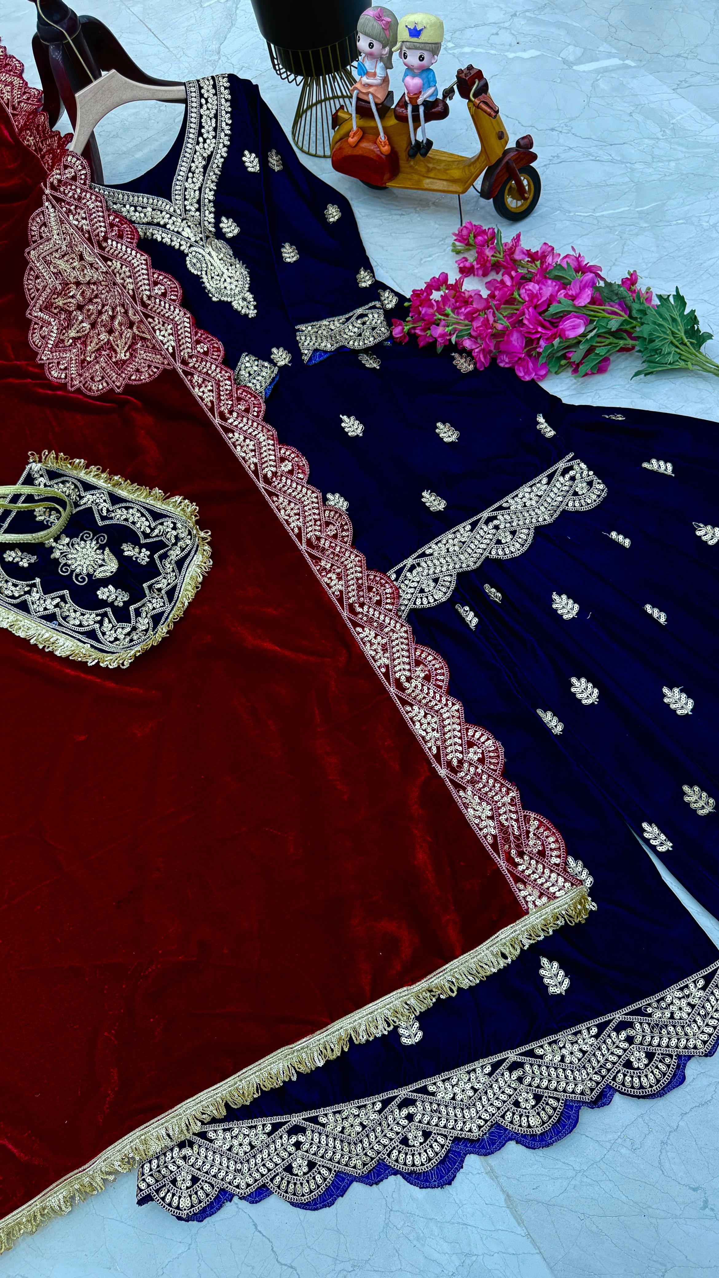 Wedding Wear Navy Blue Color Velvet With Embroidery Codding sequence Work Designer Sharara Suit