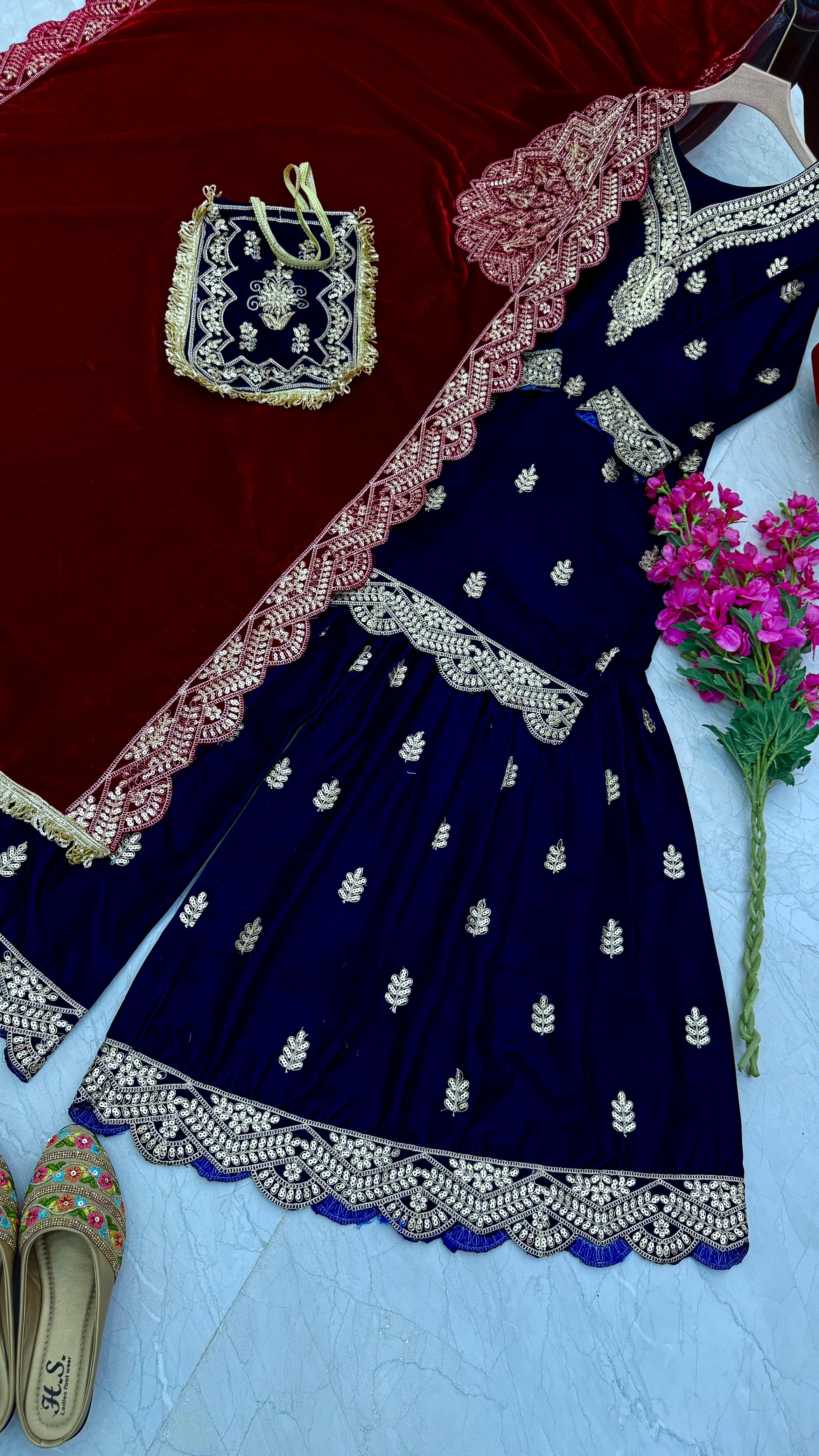 Wedding Wear Navy Blue Color Velvet With Embroidery Codding sequence Work Designer Sharara Suit