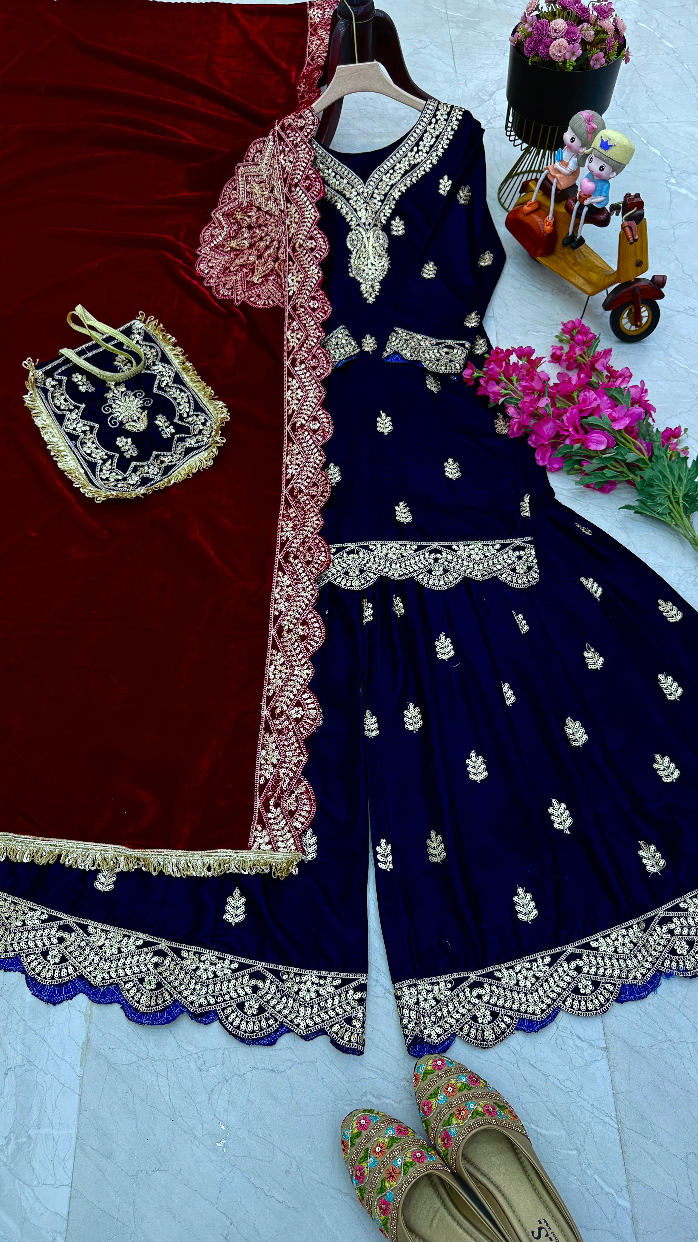 Wedding Wear Navy Blue Color Velvet With Embroidery Codding sequence Work Designer Sharara Suit