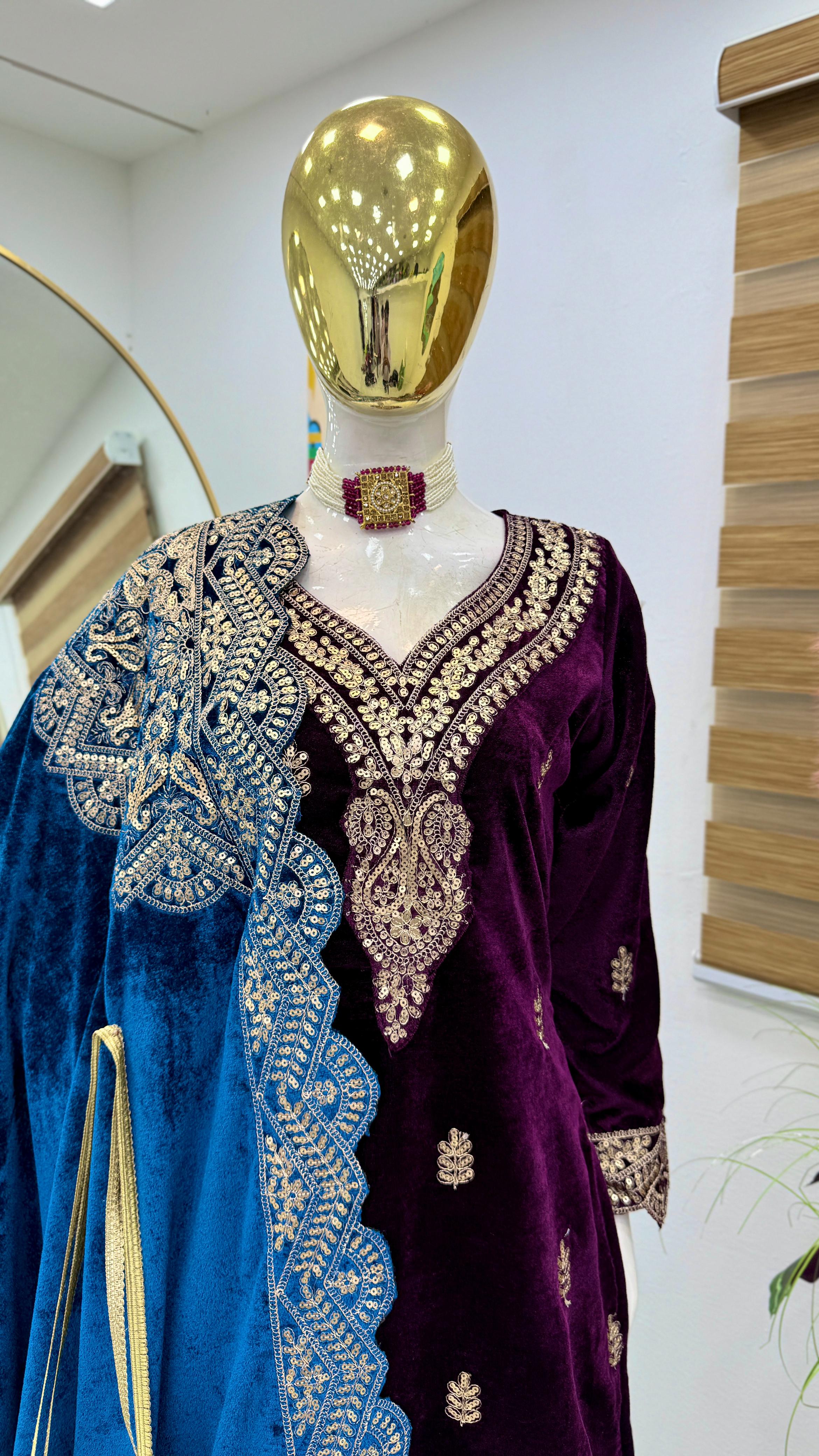 Wedding Wear Purple Color Velvet With Embroidery Codding sequence Work Designer Sharara Suit