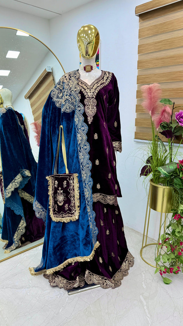 Wedding Wear Purple Color Velvet With Embroidery Codding sequence Work Designer Sharara Suit