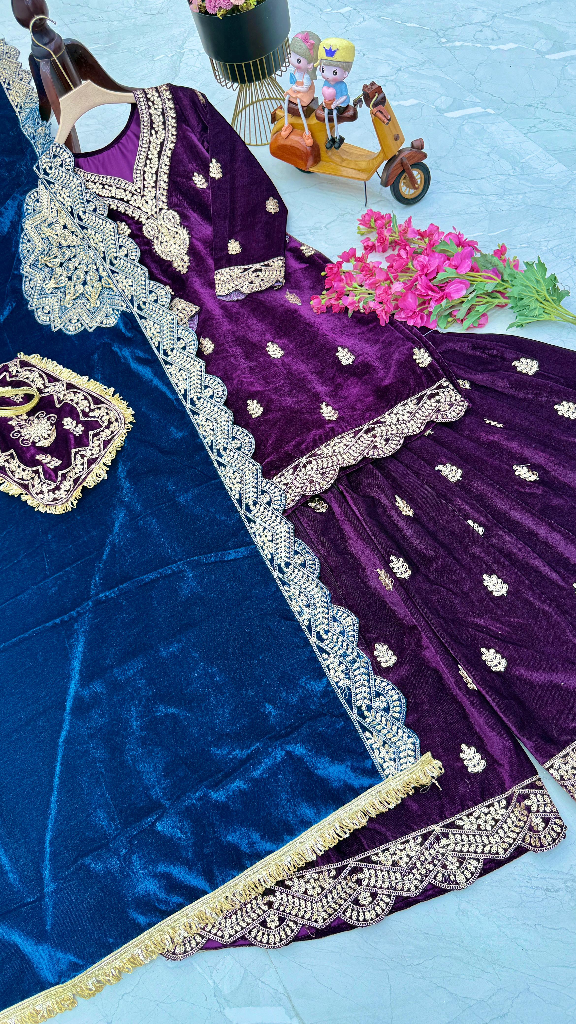 Wedding Wear Purple Color Velvet With Embroidery Codding sequence Work Designer Sharara Suit