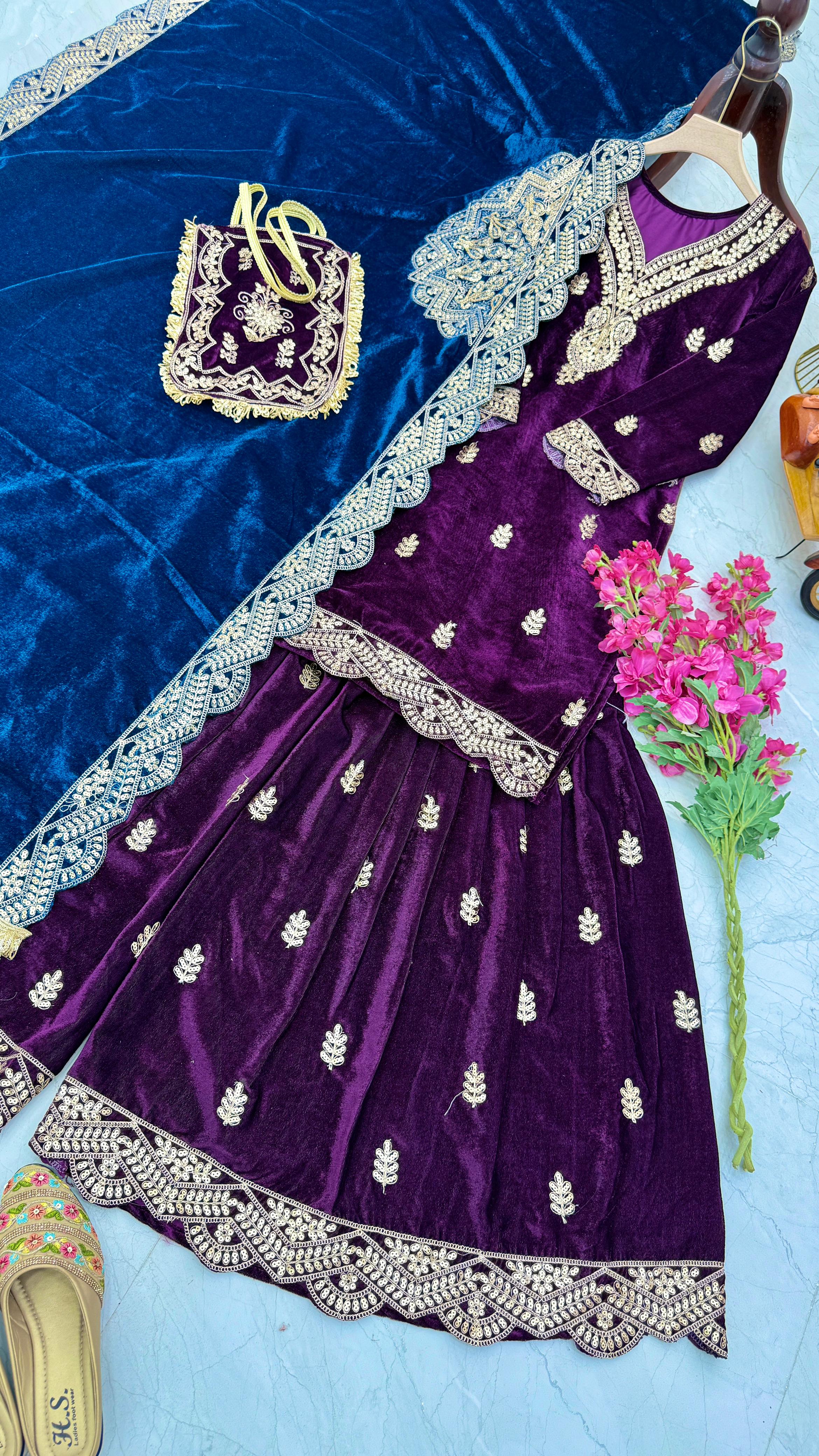 Wedding Wear Purple Color Velvet With Embroidery Codding sequence Work Designer Sharara Suit