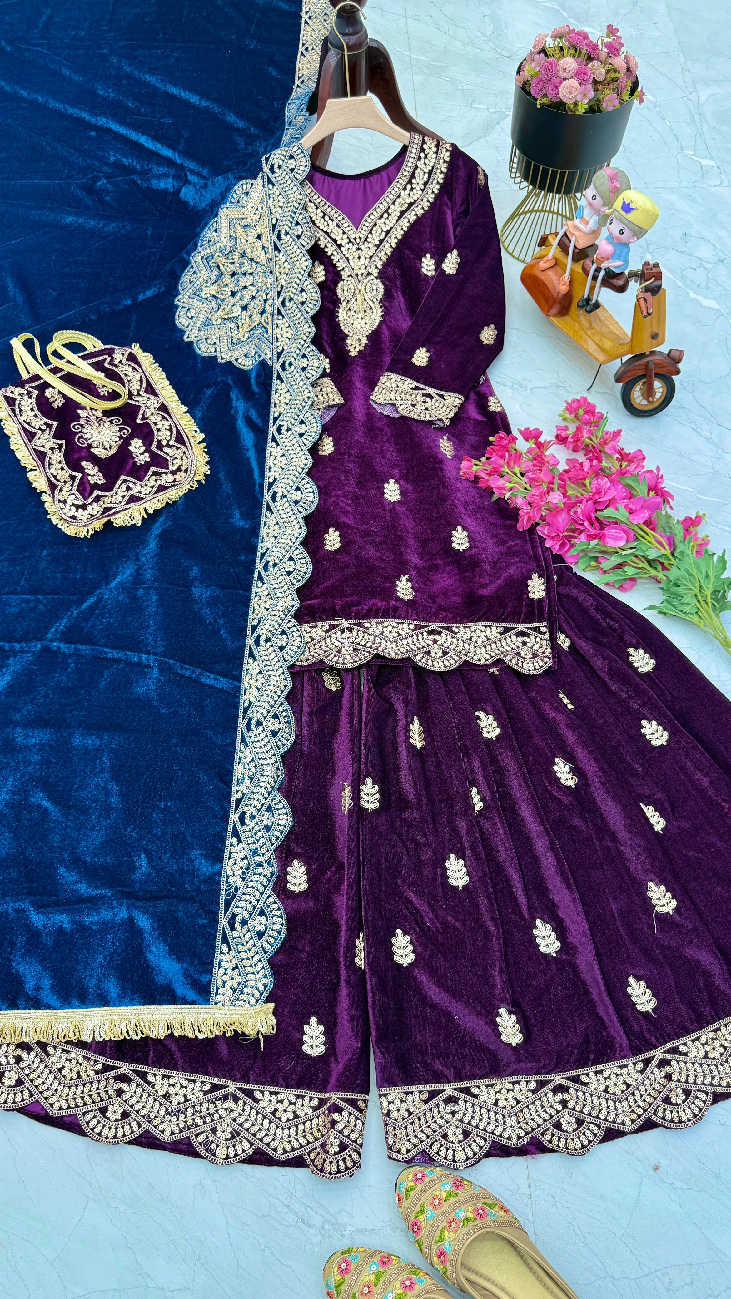 Wedding Wear Purple Color Velvet With Embroidery Codding sequence Work Designer Sharara Suit