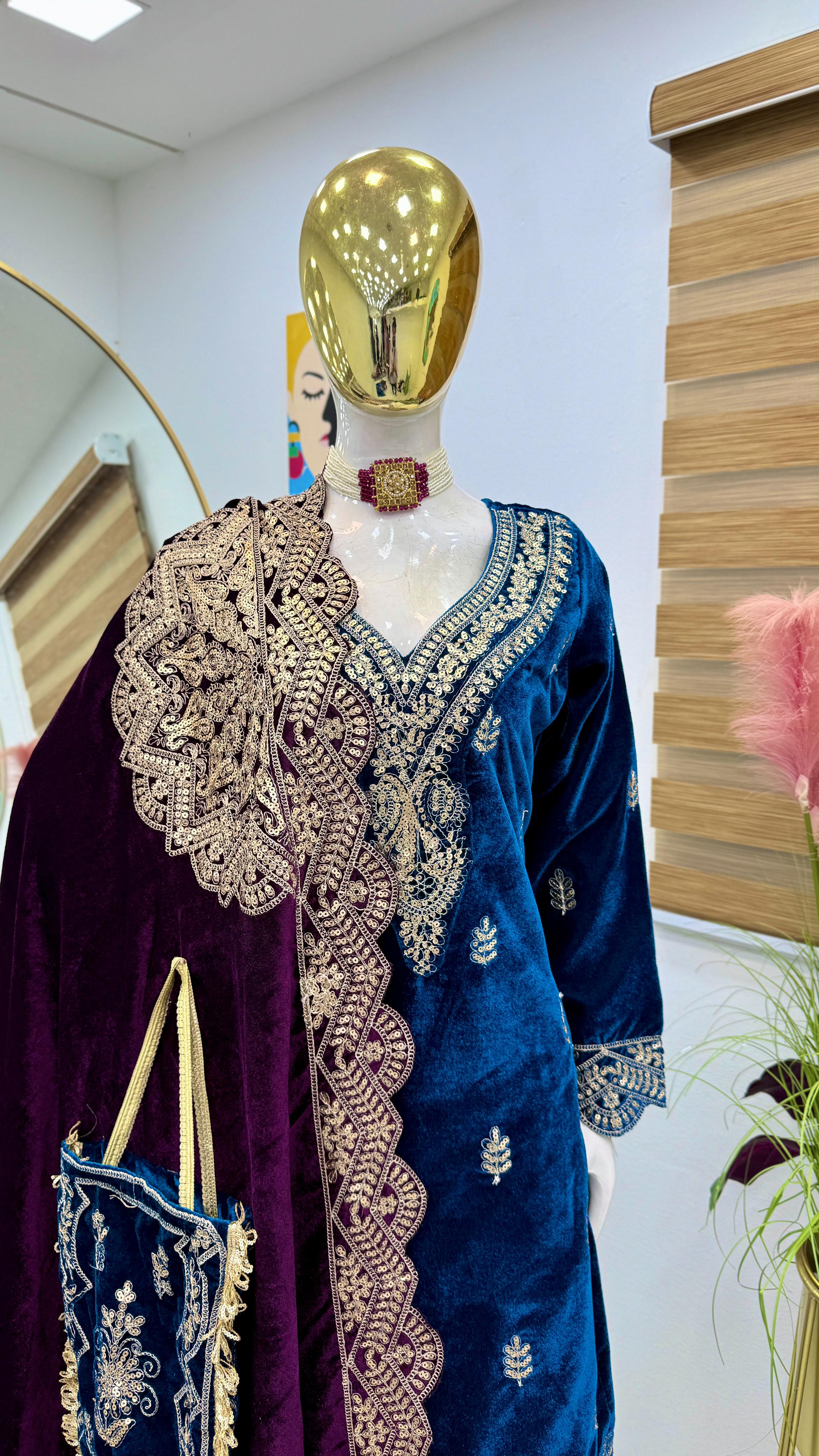 Wedding Wear Blue Color Velvet With Embroidery Codding sequence Work Designer Sharara Suit