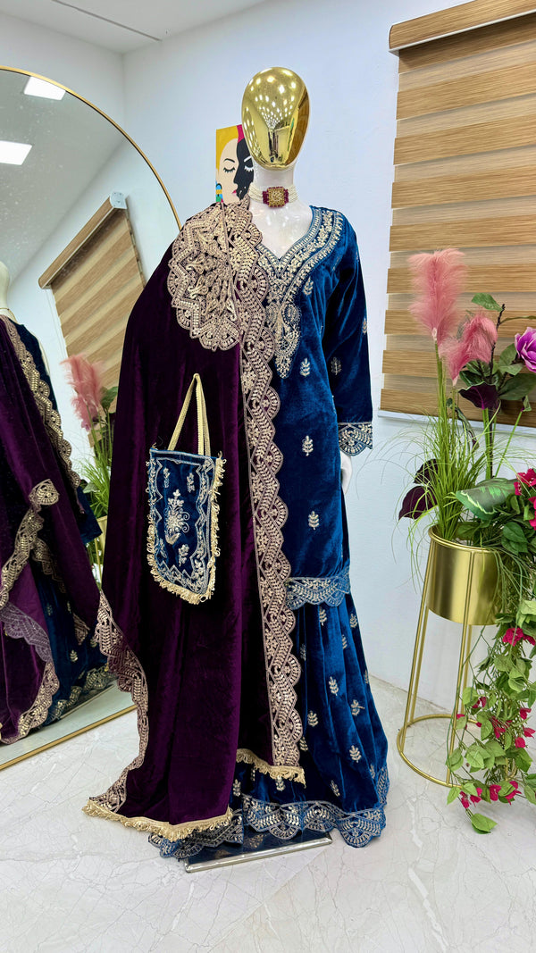 Wedding Wear Blue Color Velvet With Embroidery Codding sequence Work Designer Sharara Suit