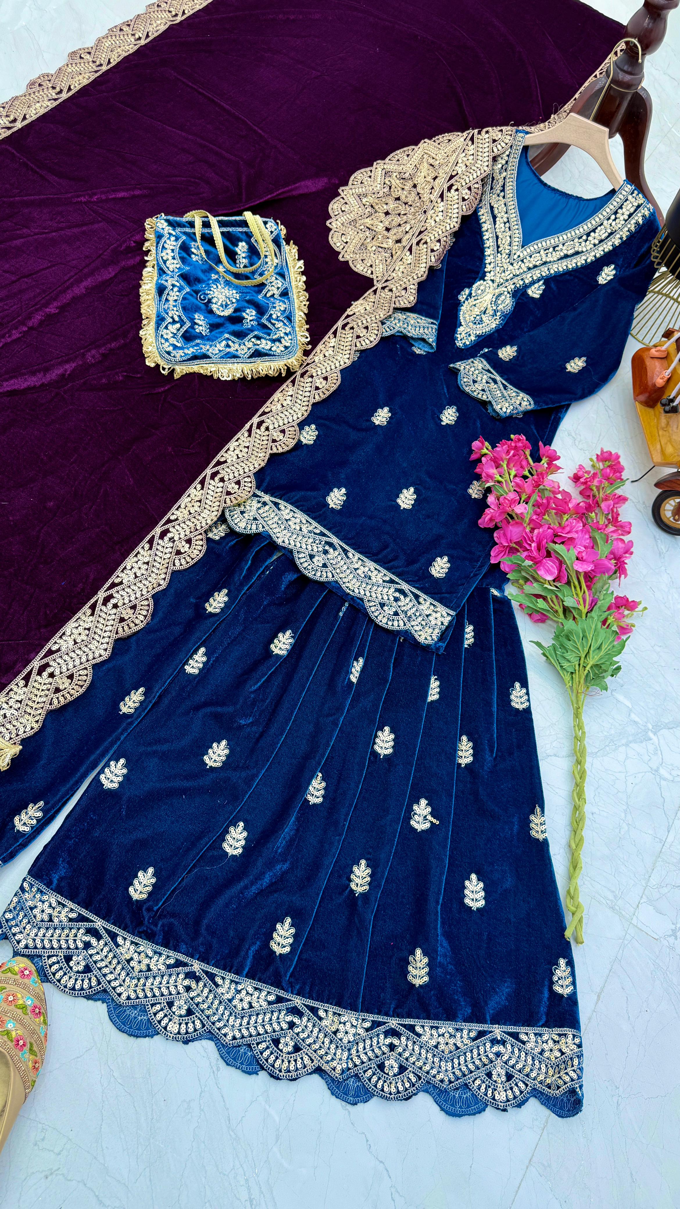 Wedding Wear Blue Color Velvet With Embroidery Codding sequence Work Designer Sharara Suit