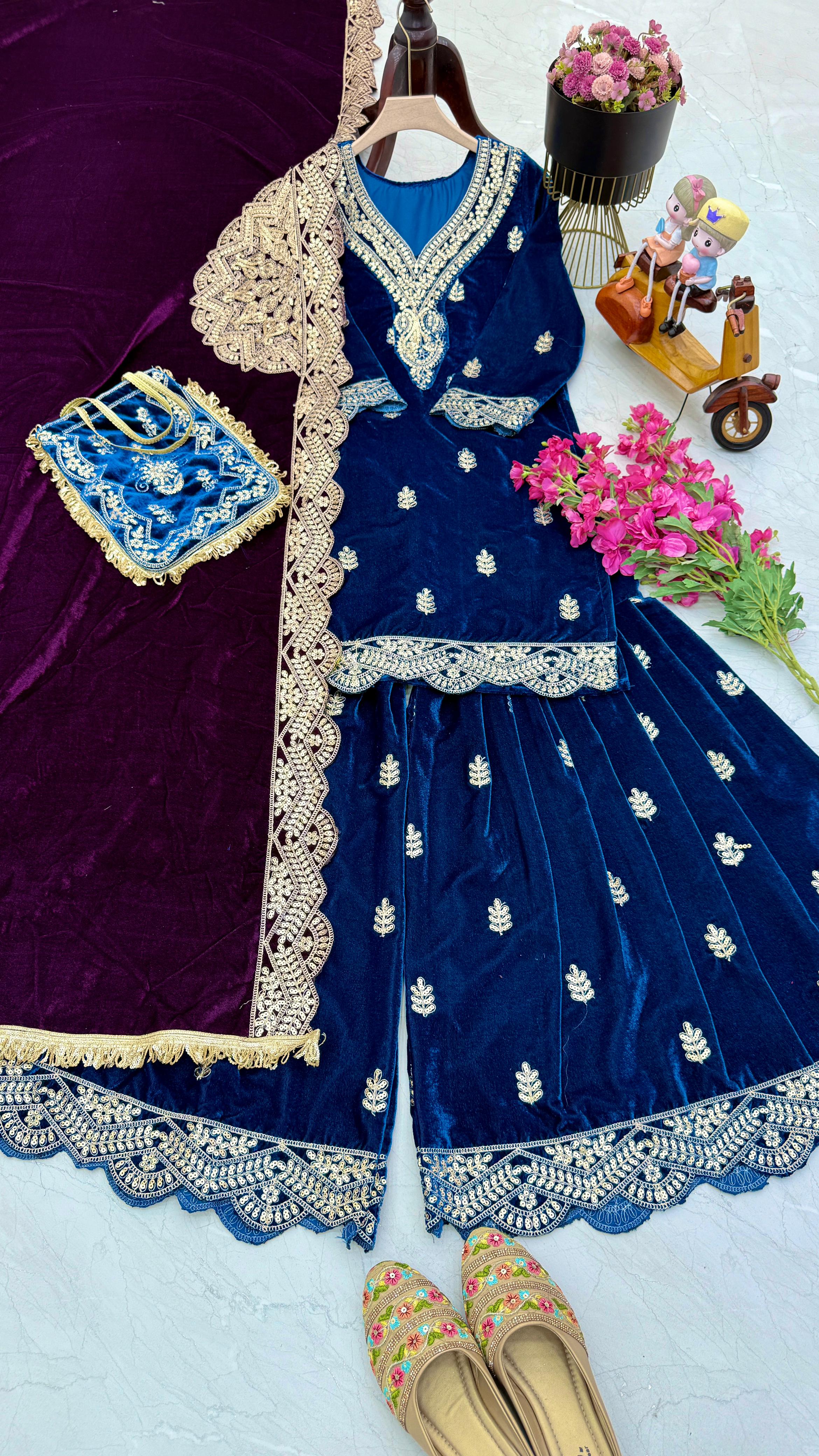 Wedding Wear Blue Color Velvet With Embroidery Codding sequence Work Designer Sharara Suit