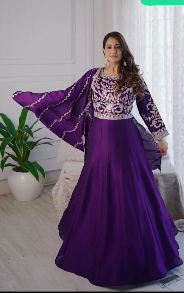 Exclusive Royal Blue Color Chinon With Heavy Embroidery Thread Work Beautiful Gown