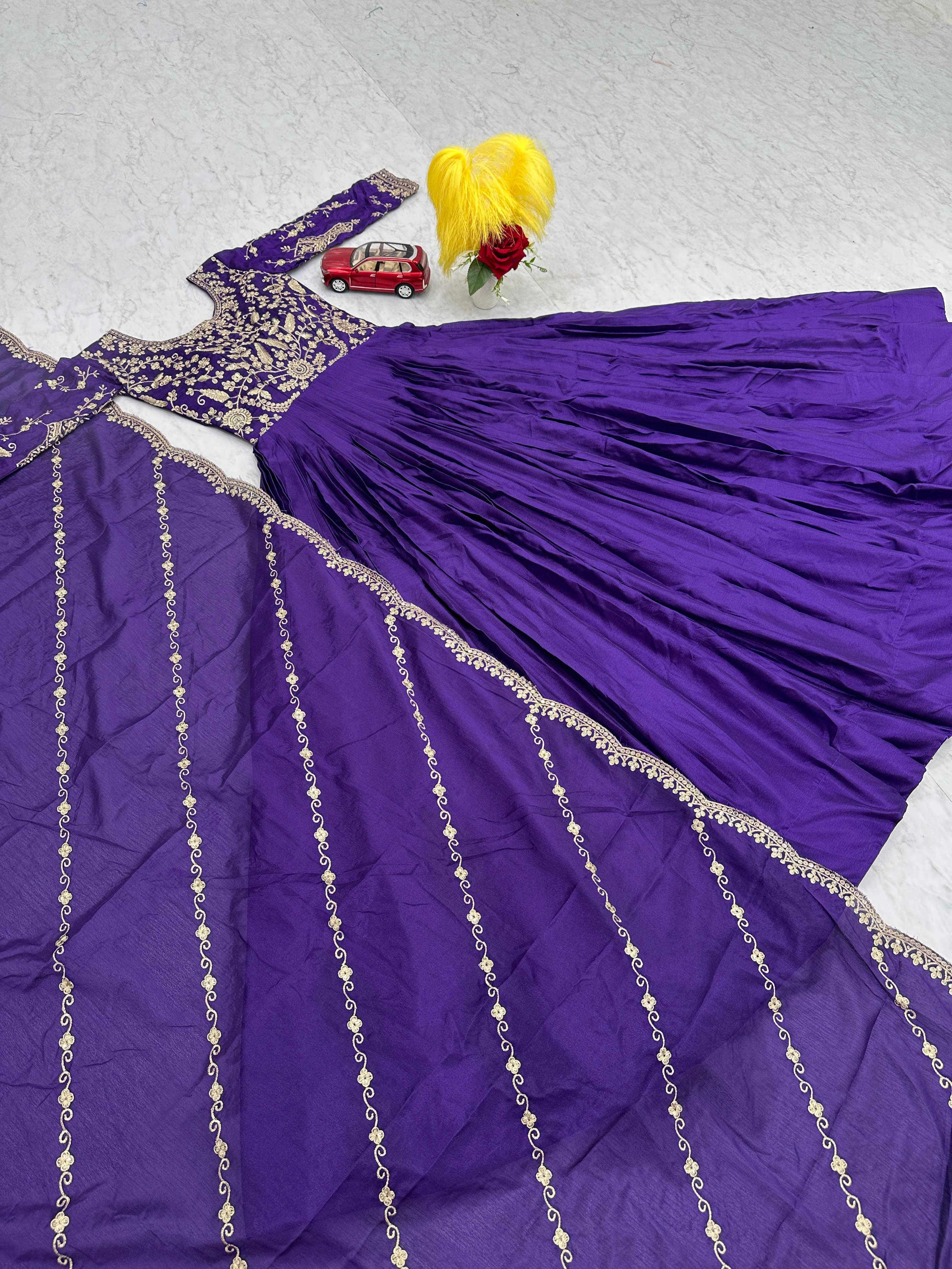 Exclusive Royal Blue Color Chinon With Heavy Embroidery Thread Work Beautiful Gown
