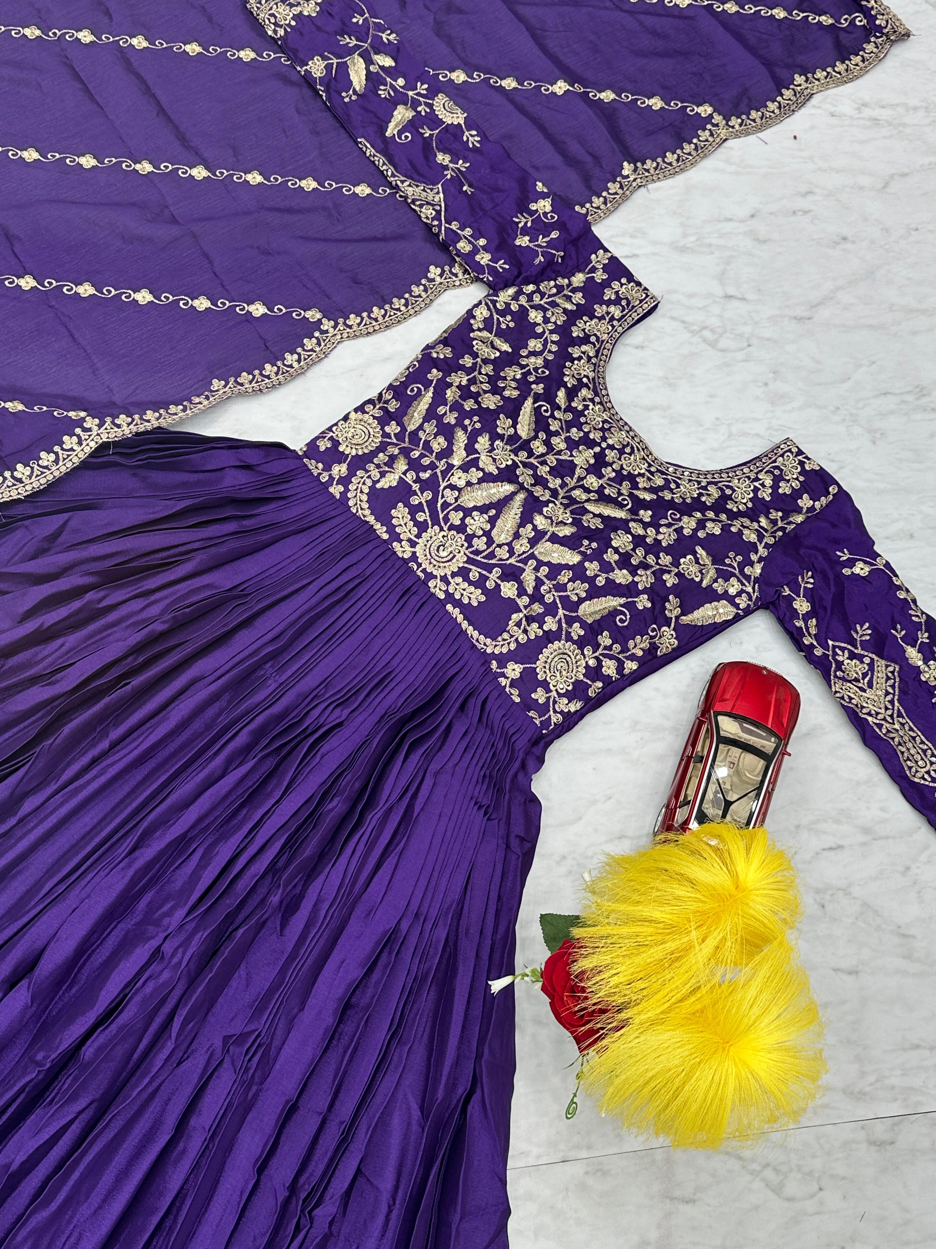 Exclusive Royal Blue Color Chinon With Heavy Embroidery Thread Work Beautiful Gown