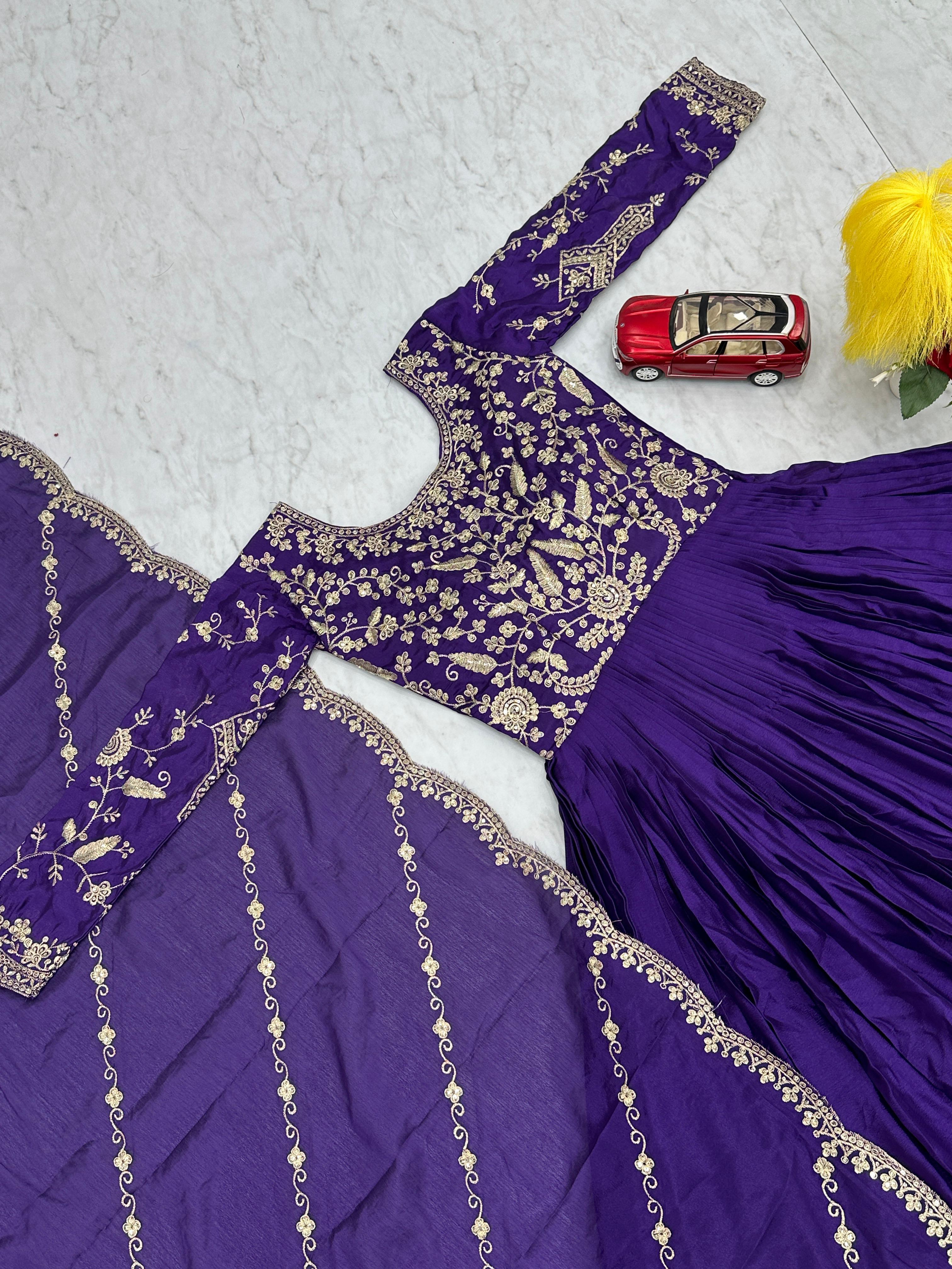 Exclusive Royal Blue Color Chinon With Heavy Embroidery Thread Work Beautiful Gown