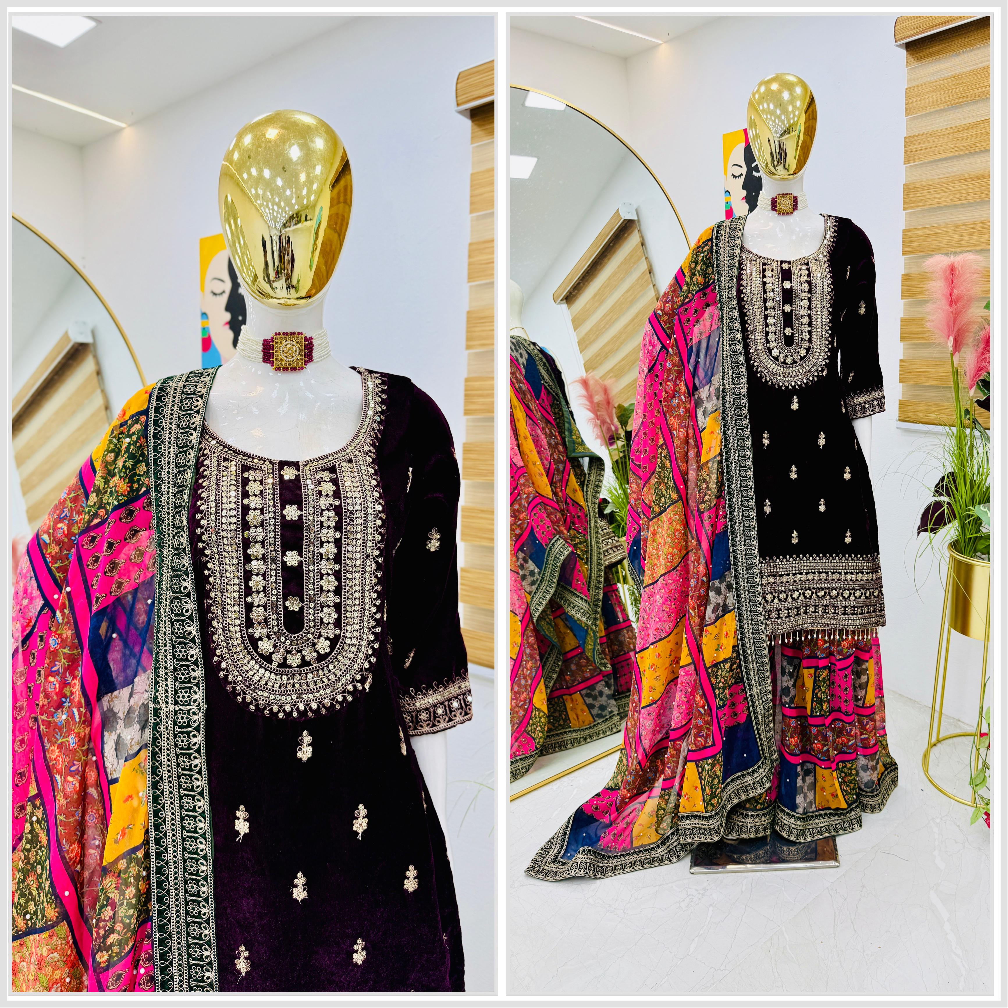 Reception Wear Black Color Velvet With Embroidery Codding Sequence Work Velvet Sharara Suit