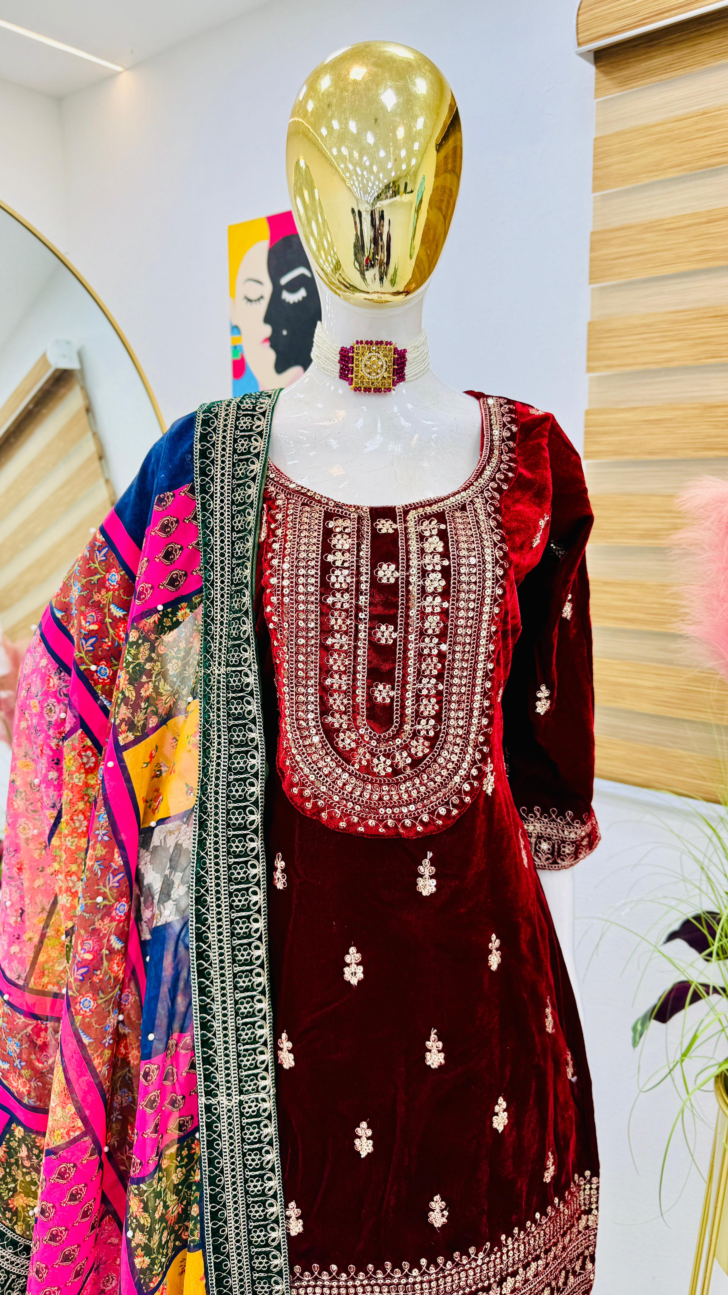 Reception Wear Maroon Color Velvet With Embroidery Codding Sequence Work Velvet Sharara Suit