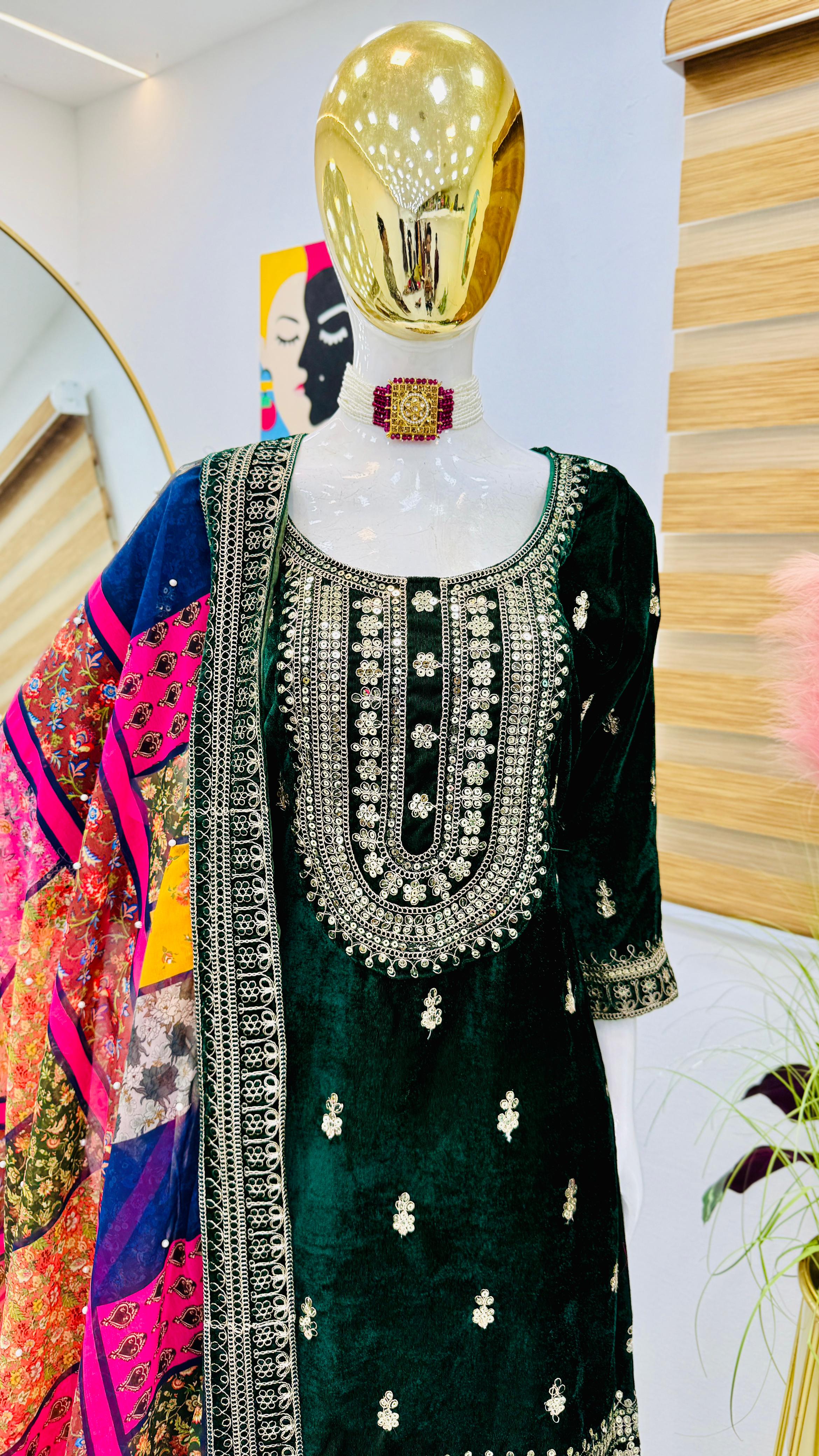 Reception Wear Green Color Velvet With Embroidery Codding Sequence Work Velvet Sharara Suit