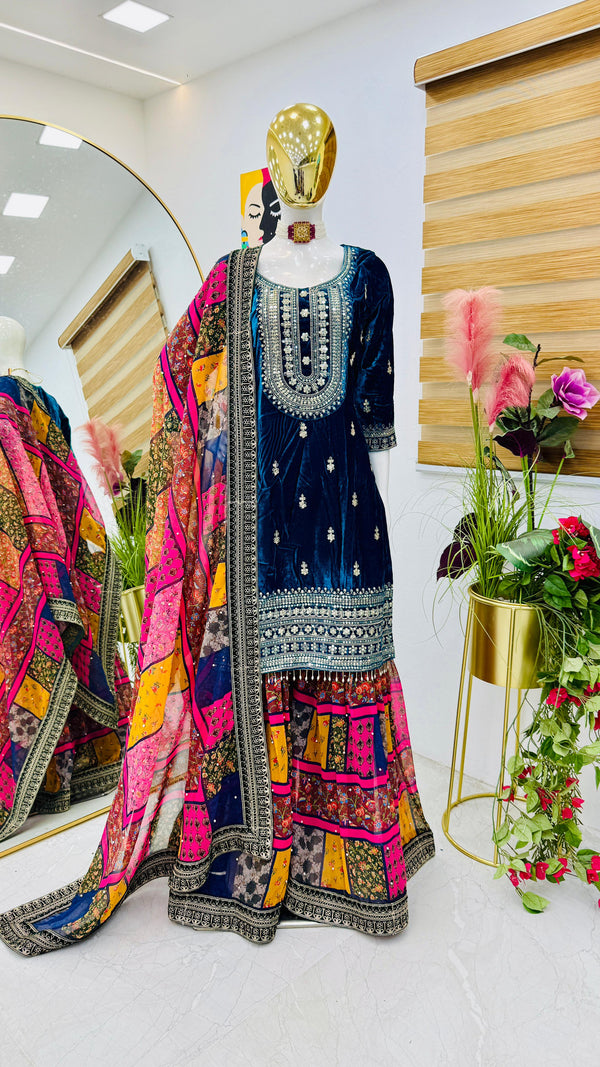 Reception Wear Blue Color Velvet With Embroidery Codding Sequence Work Velvet Sharara Suit