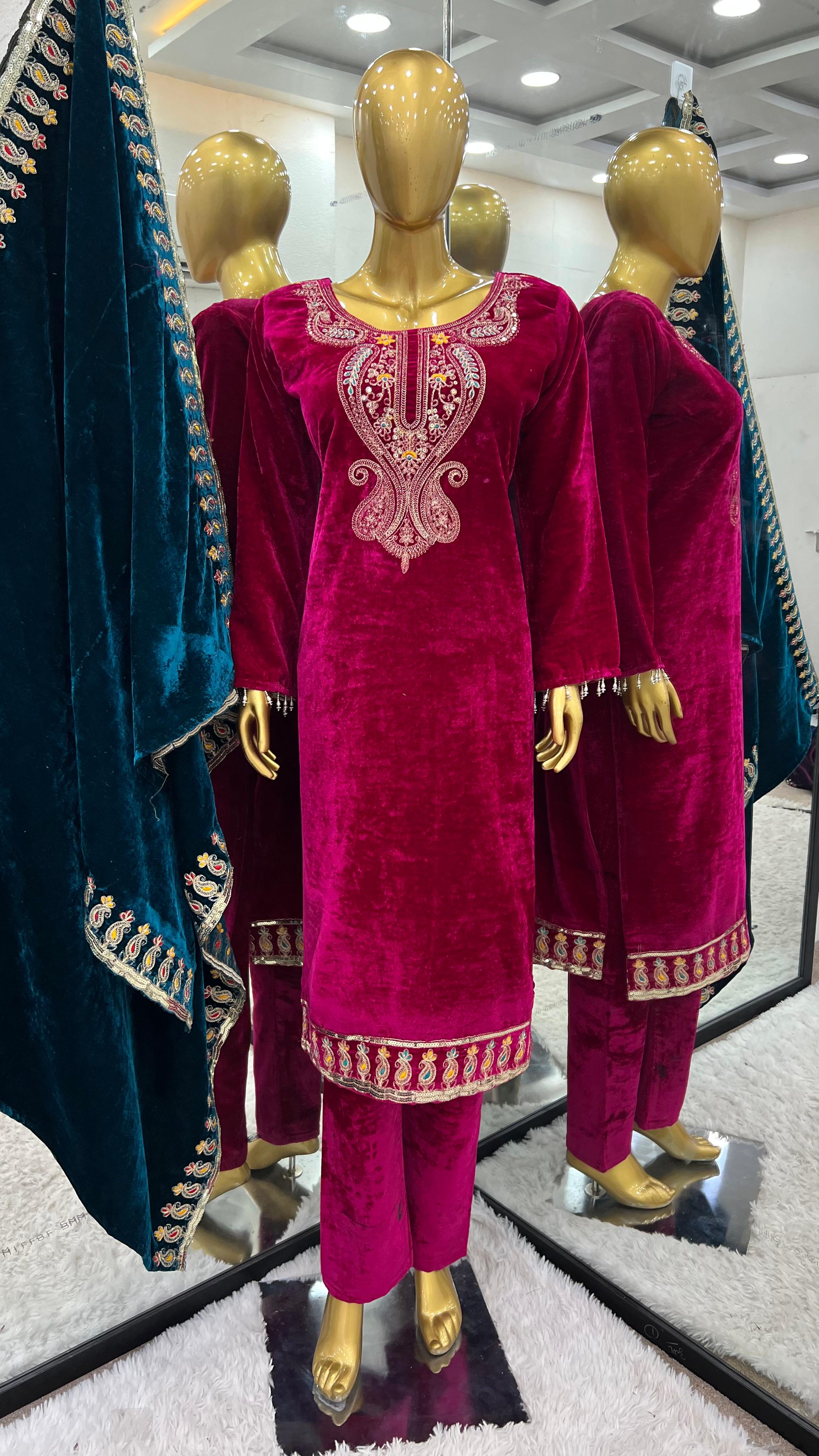 Charming Pink Color Heavy Viscose Velvet With Heavy Embroidery Sequence Work Designer Velvet Suit