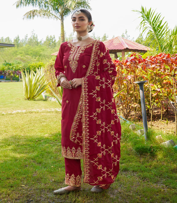Stylish Dark Red Color Chinon Heavy Coding Embroidery With 5mm Sequence Work Designer Salwar Suit