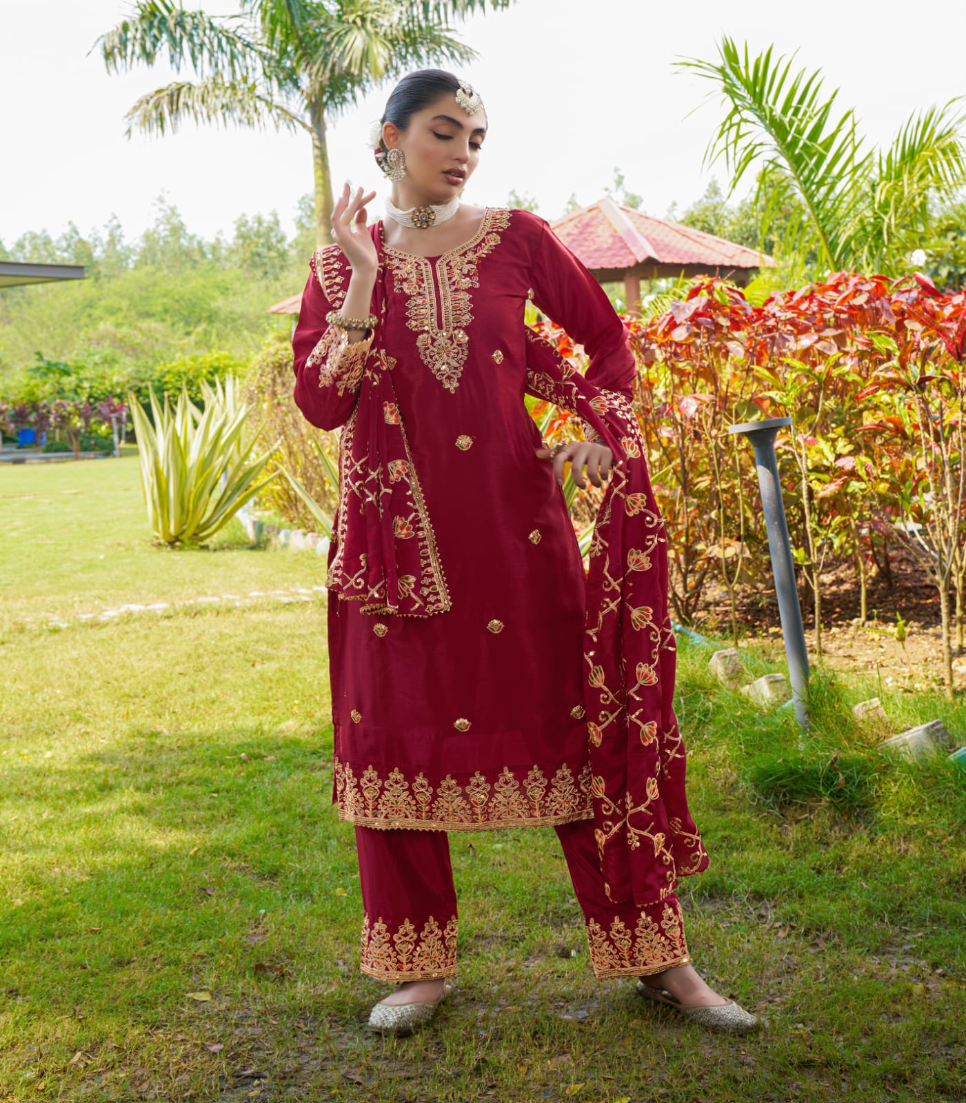 Stylish Dark Red Color Chinon Heavy Coding Embroidery With 5mm Sequence Work Designer Salwar Suit