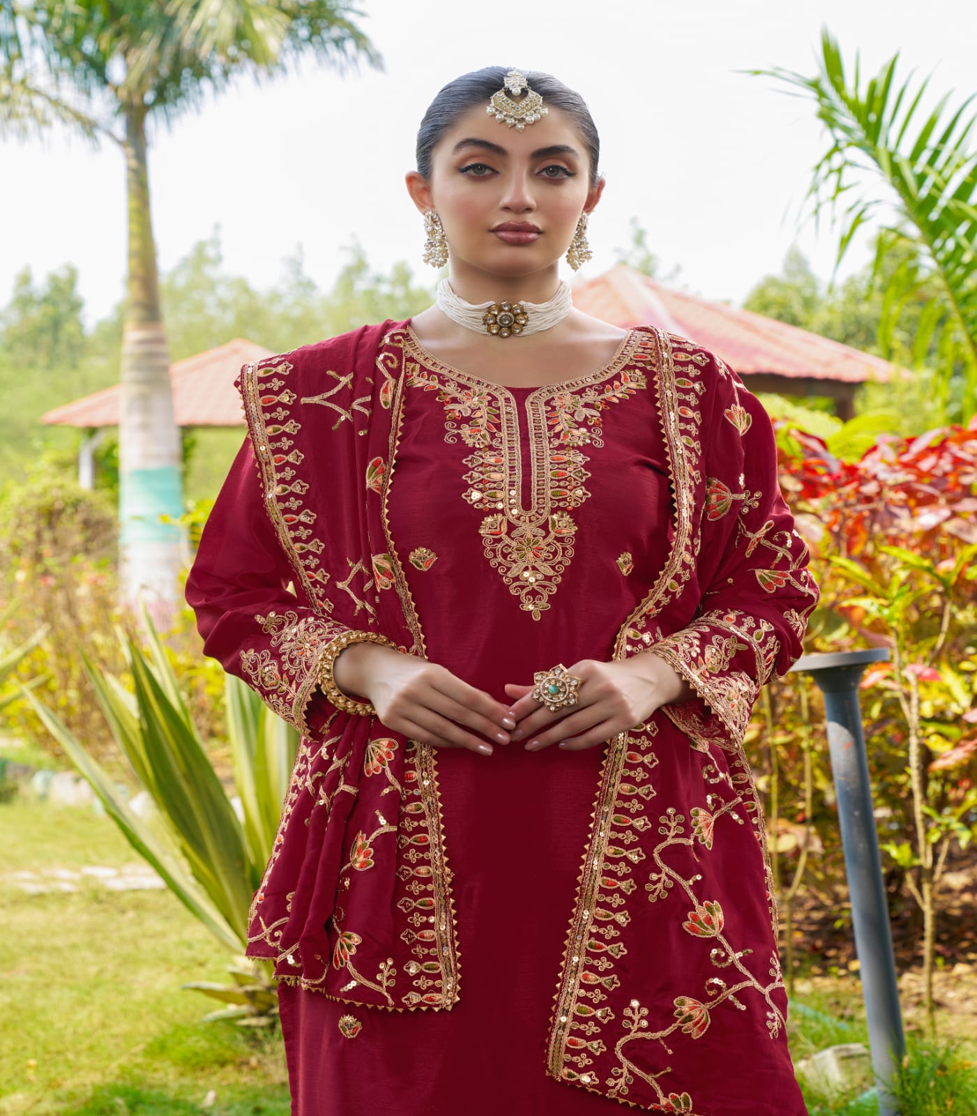 Stylish Dark Red Color Chinon Heavy Coding Embroidery With 5mm Sequence Work Designer Salwar Suit