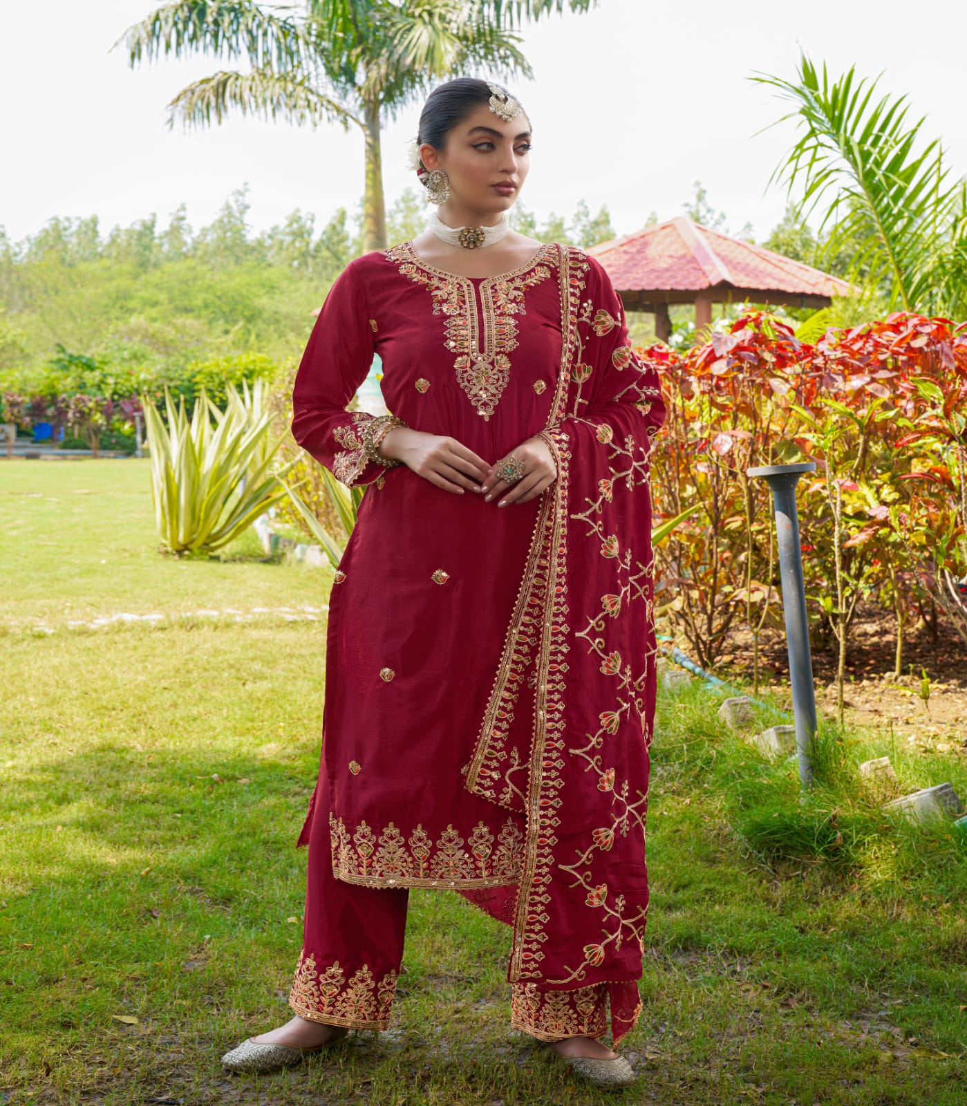 Stylish Dark Red Color Chinon Heavy Coding Embroidery With 5mm Sequence Work Designer Salwar Suit