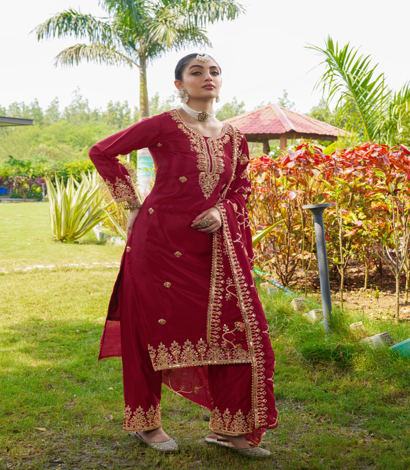 Stylish Dark Red Color Chinon Heavy Coding Embroidery With 5mm Sequence Work Designer Salwar Suit