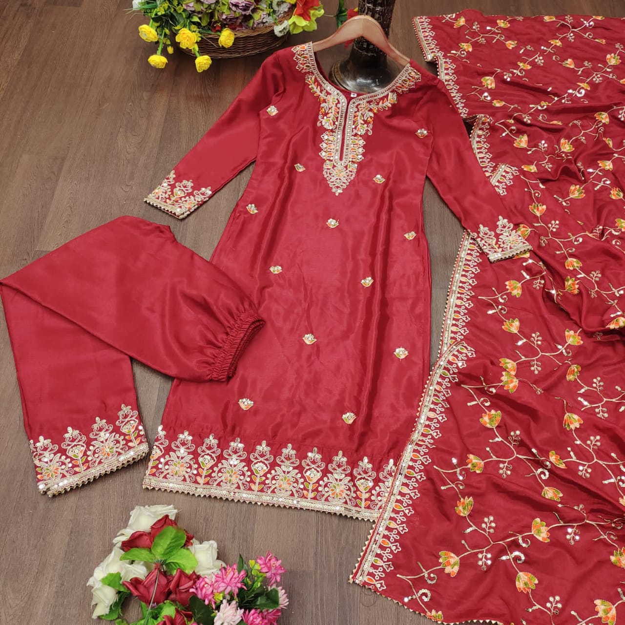 Stylish Dark Red Color Chinon Heavy Coding Embroidery With 5mm Sequence Work Designer Salwar Suit