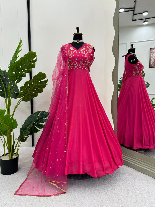 Mesmerizing Pink Color Chinon Silk And  Thread With 9mm Sequence Work Designer Gown
