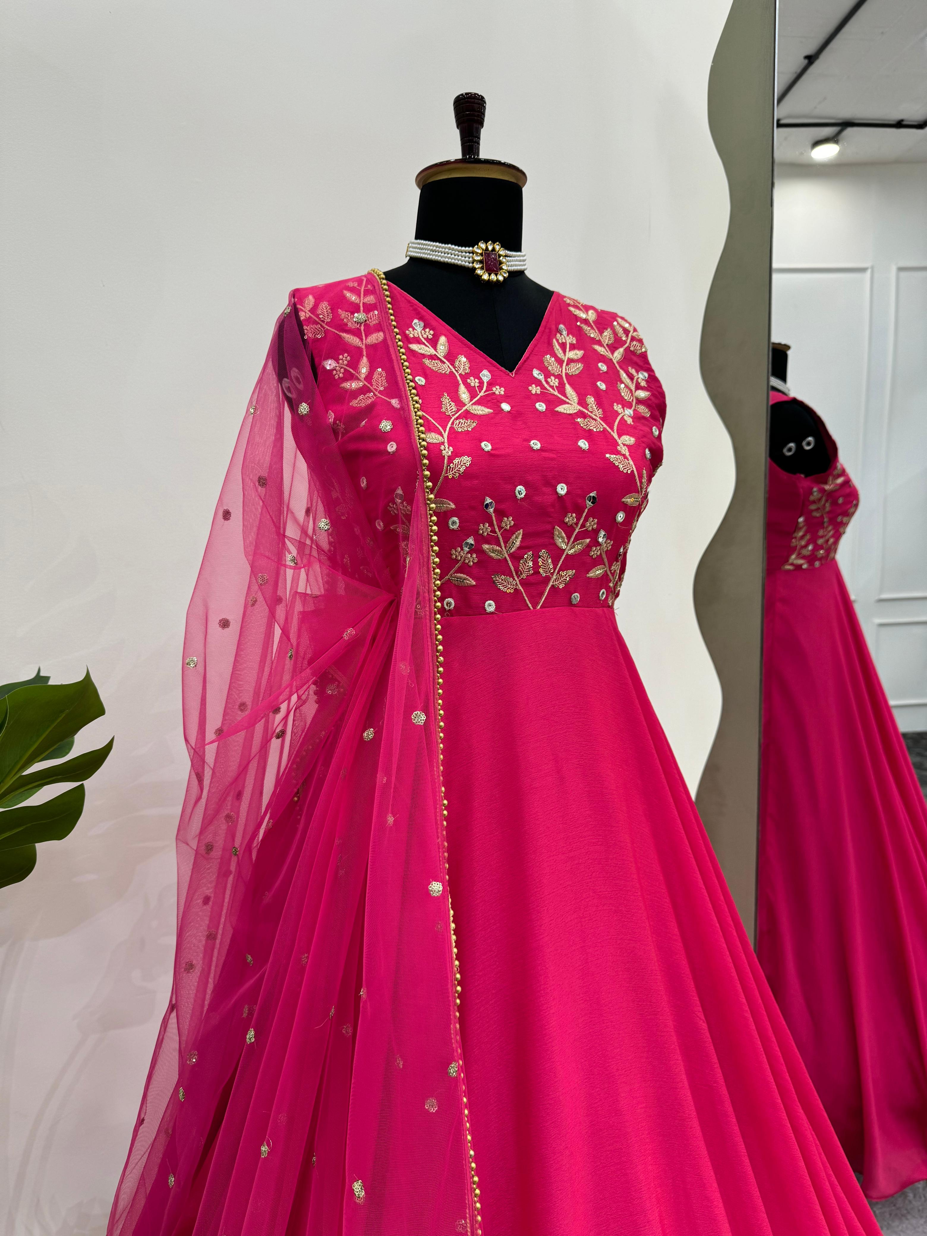 Mesmerizing Pink Color Chinon Silk And  Thread With 9mm Sequence Work Designer Gown