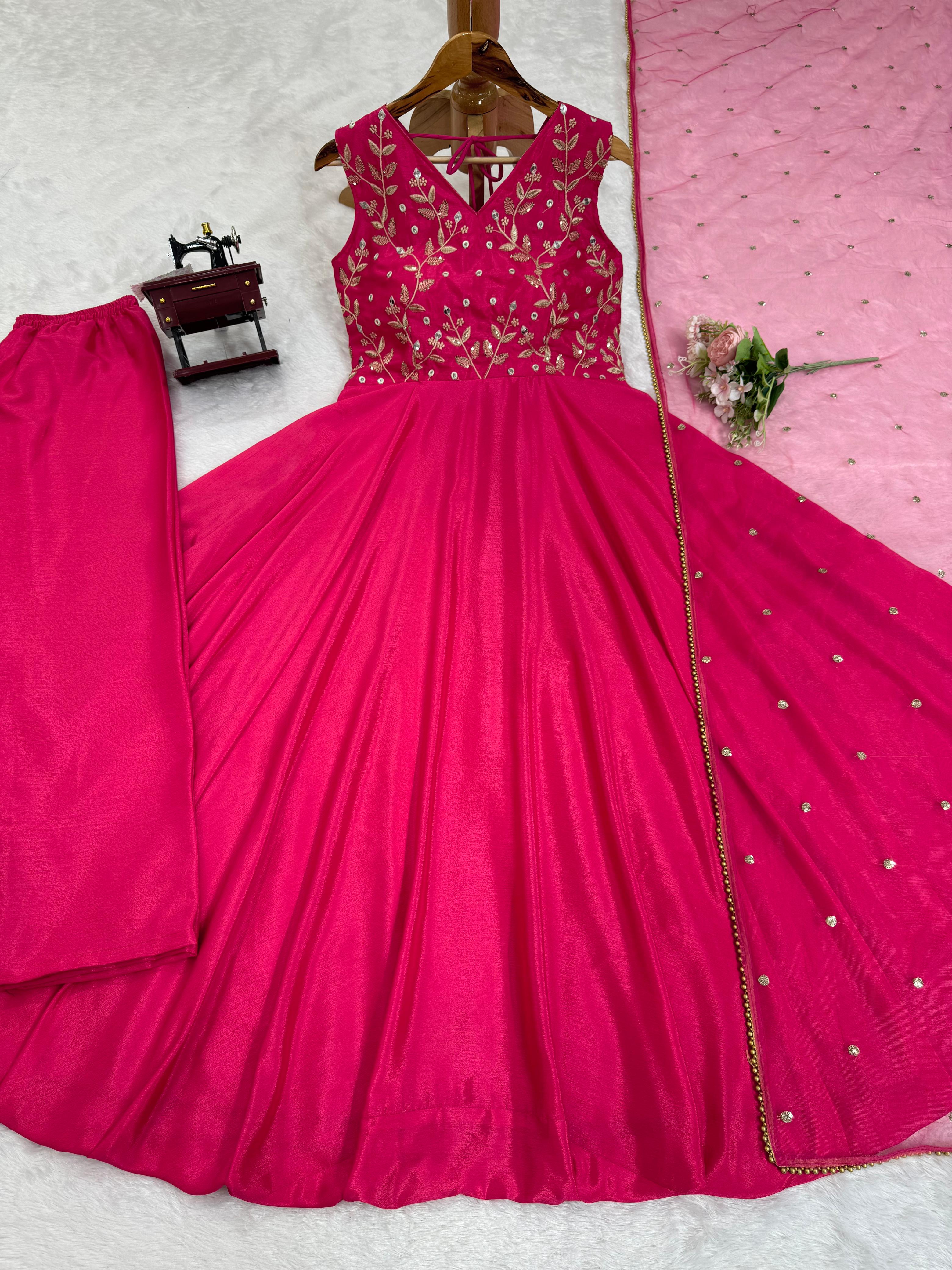 Mesmerizing Pink Color Chinon Silk And  Thread With 9mm Sequence Work Designer Gown