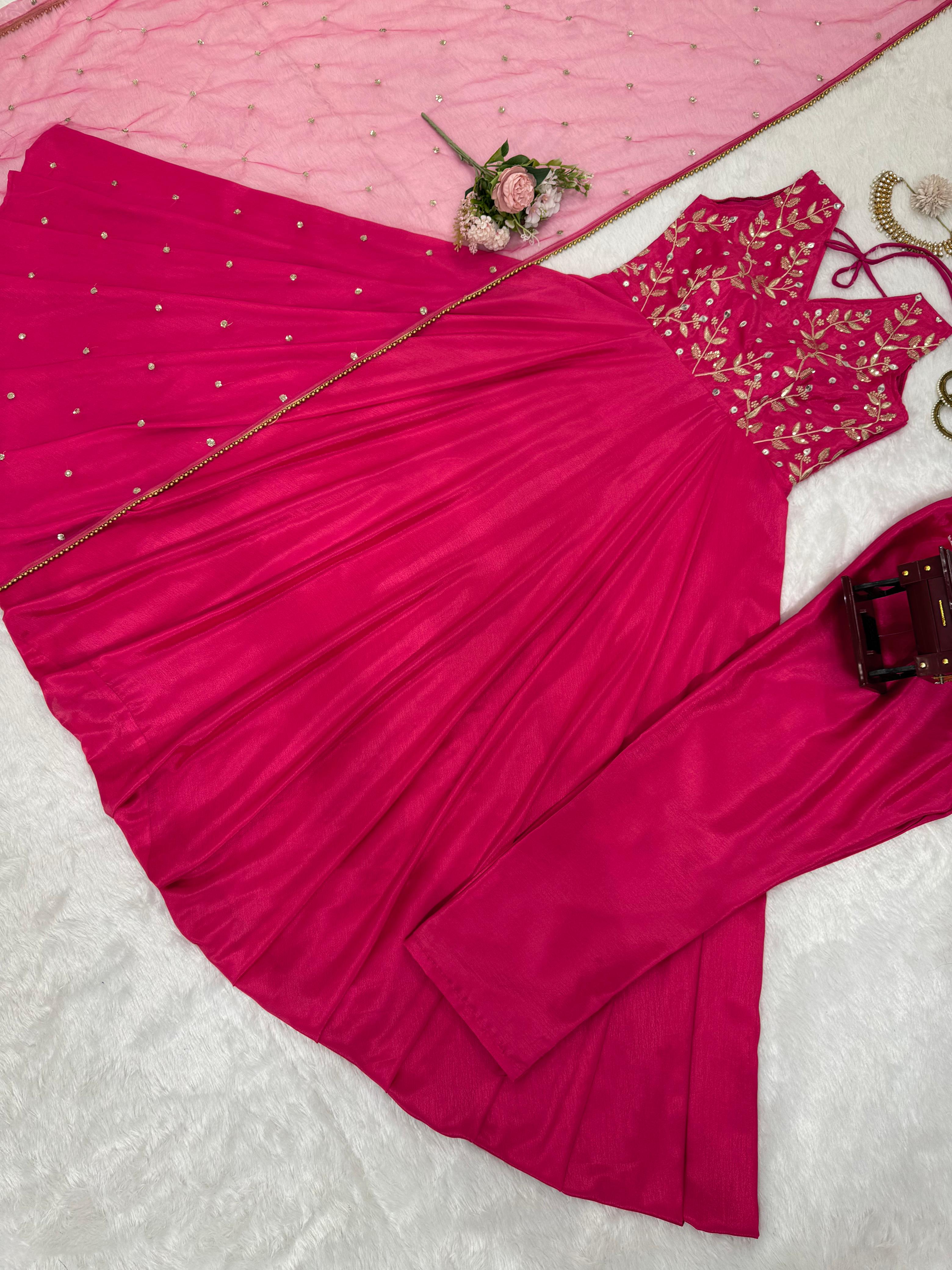 Mesmerizing Pink Color Chinon Silk And  Thread With 9mm Sequence Work Designer Gown