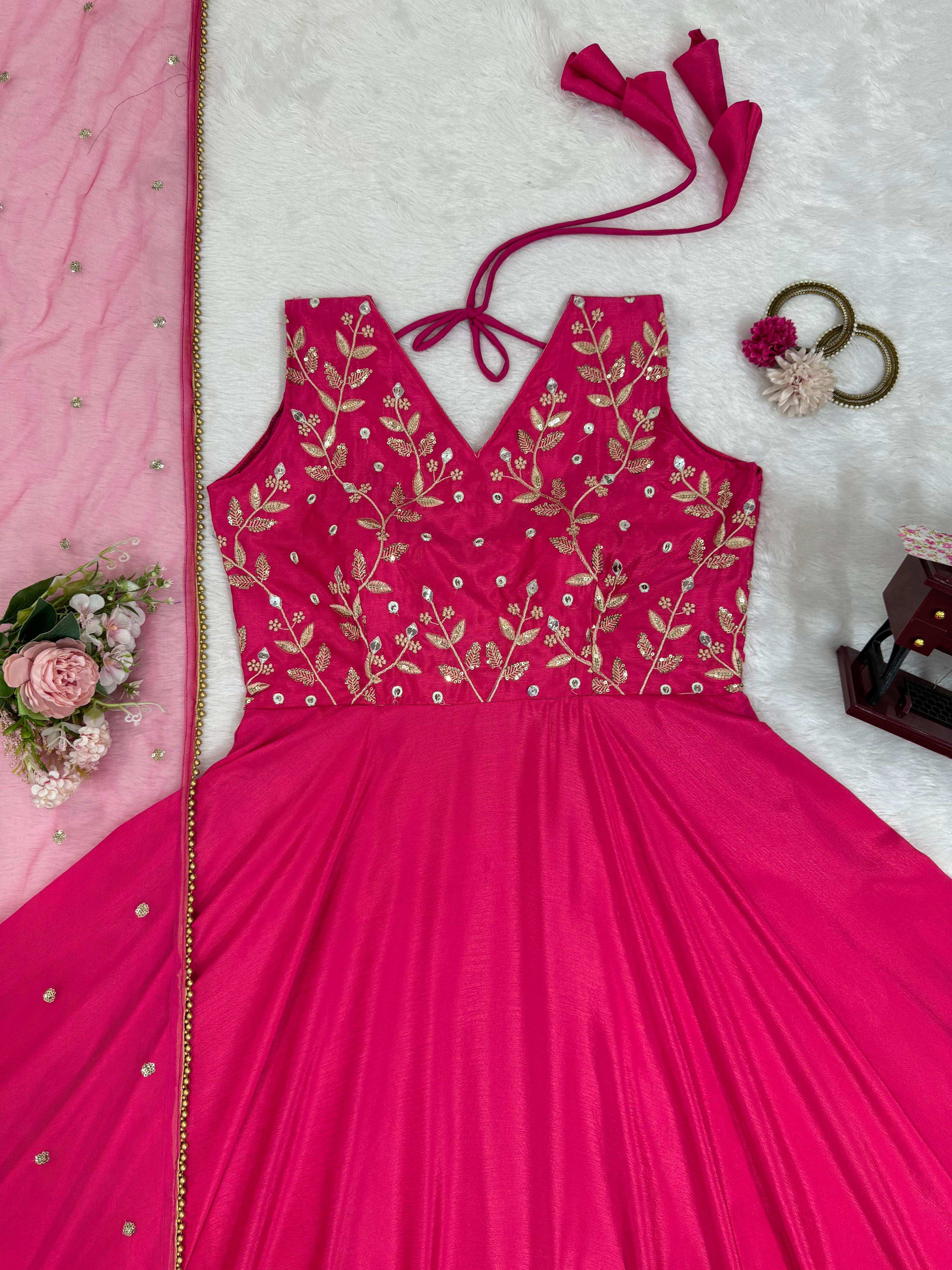 Mesmerizing Pink Color Chinon Silk And  Thread With 9mm Sequence Work Designer Gown