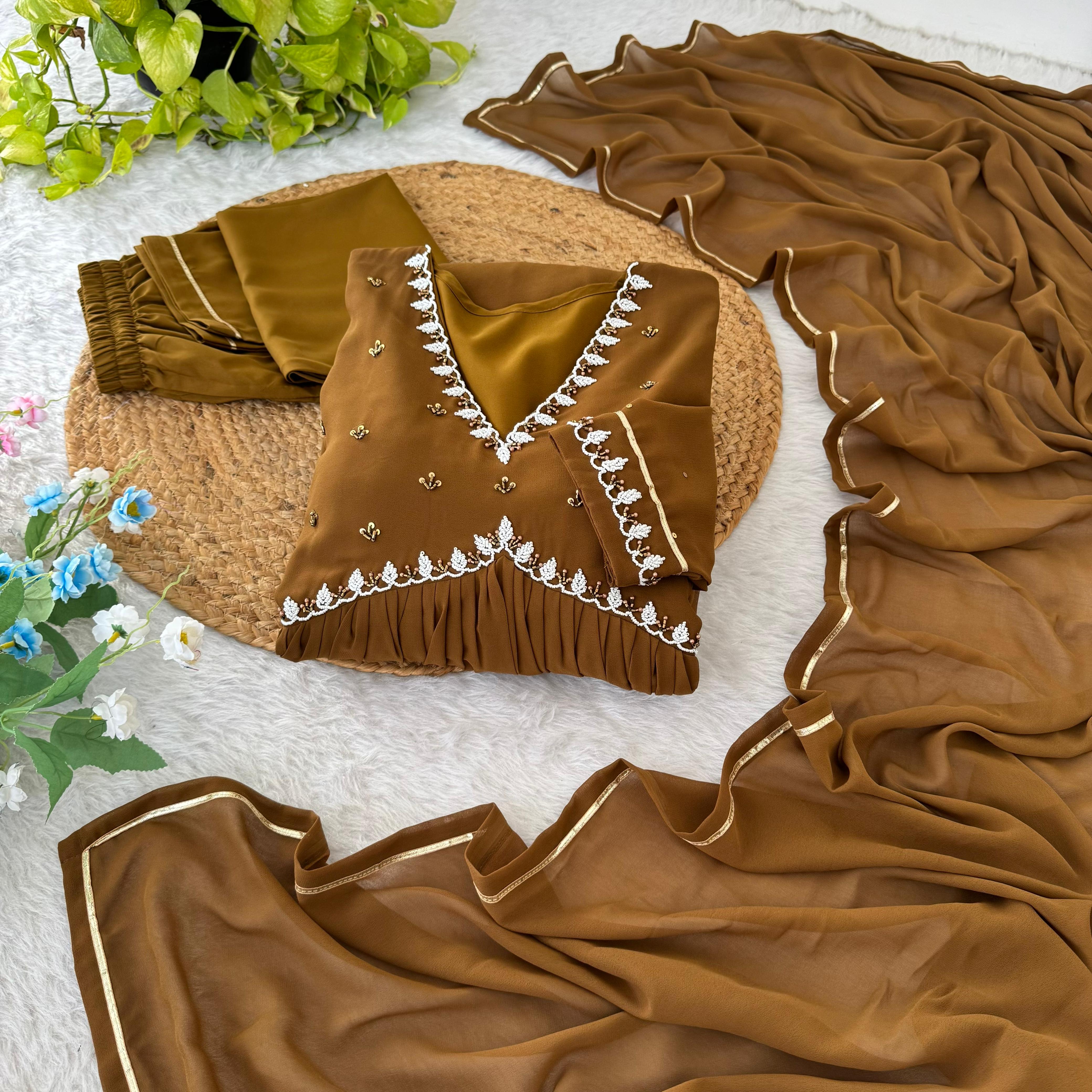 Casual Wear Brown Color Faux Georgette Heavy Blooming Designer Gown