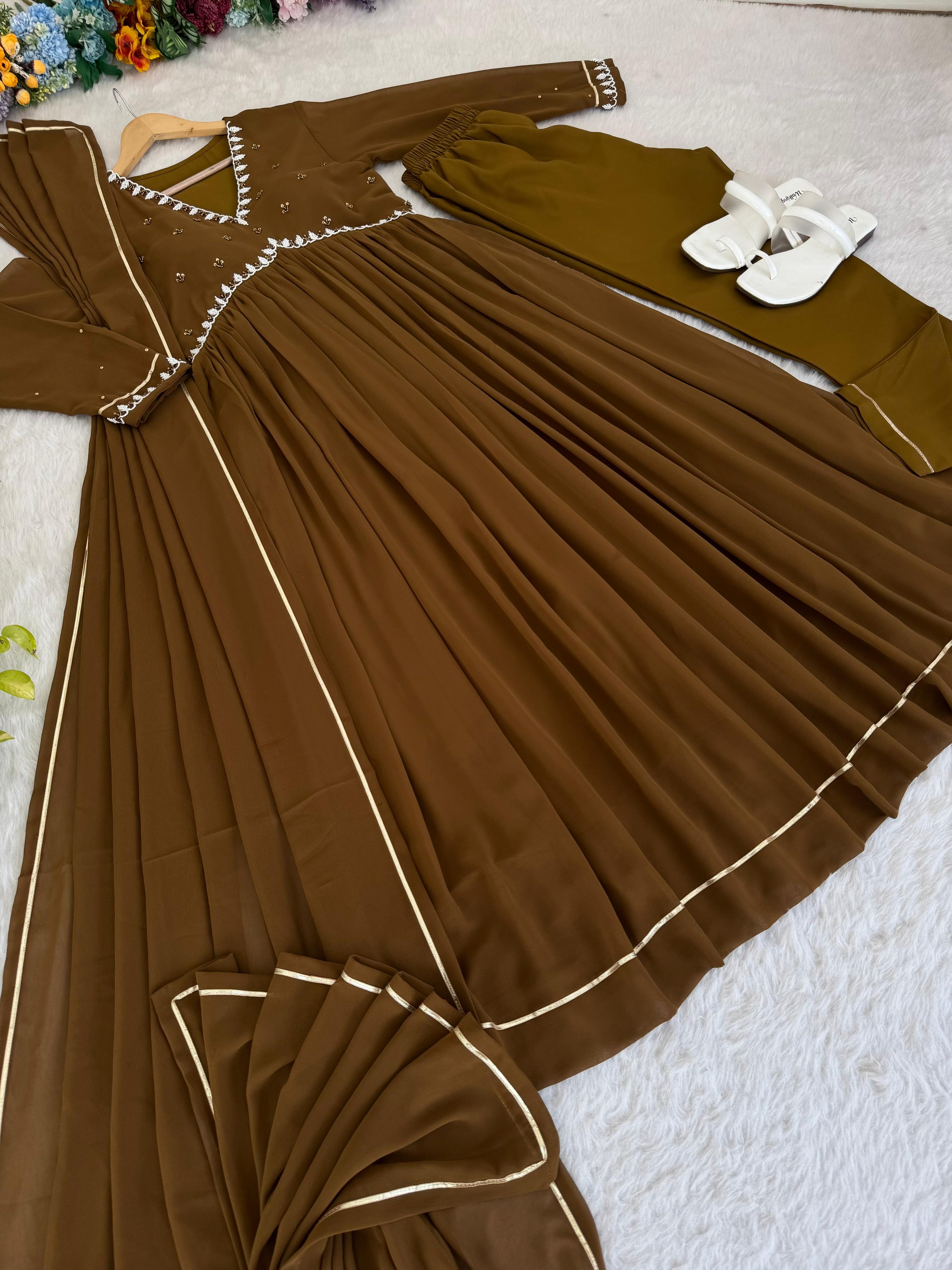 Casual Wear Brown Color Faux Georgette Heavy Blooming Designer Gown